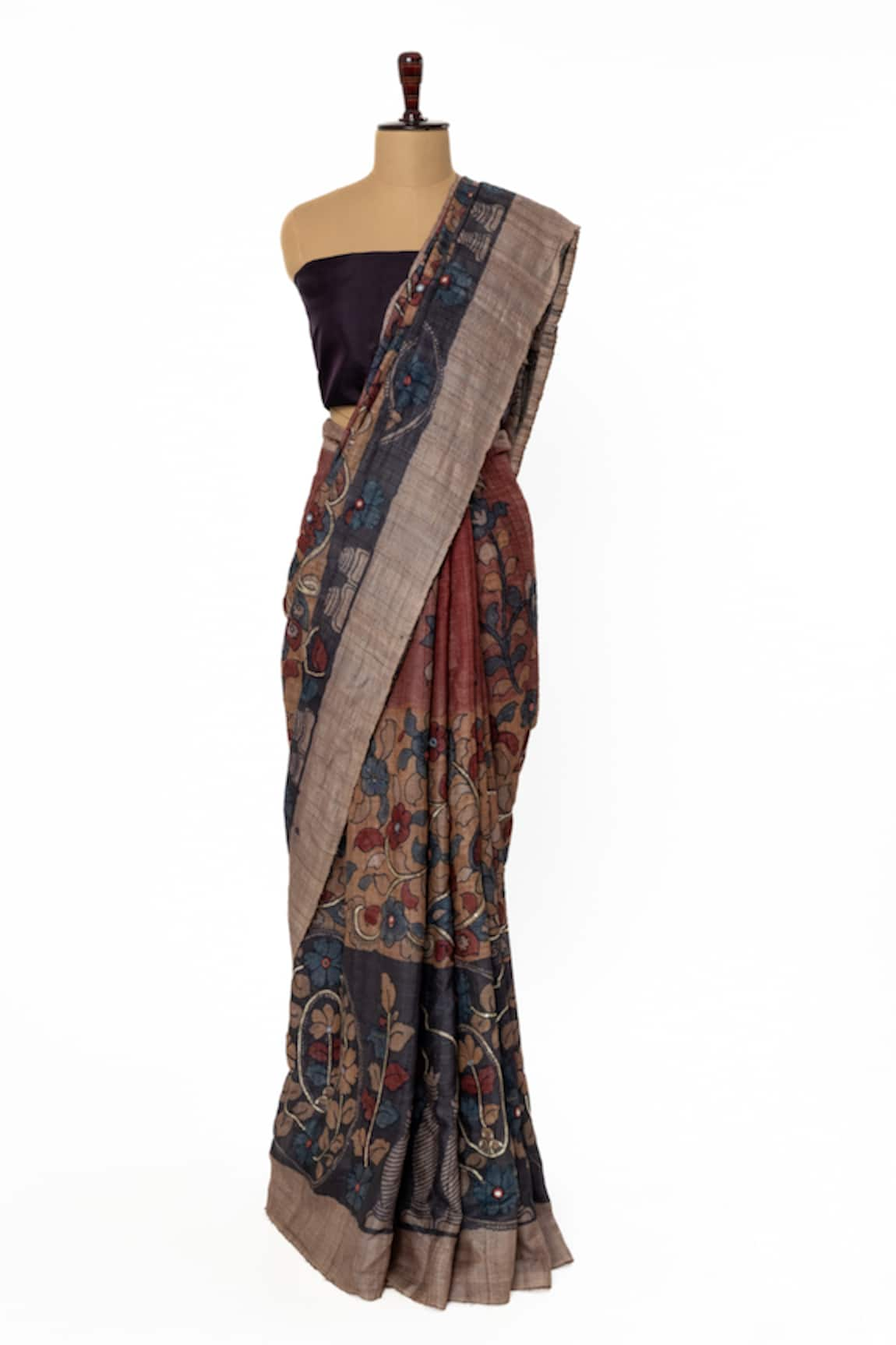 Paaprika Mirrorwork Embellished Kalamkari Saree With Unstitched Blouse Piece