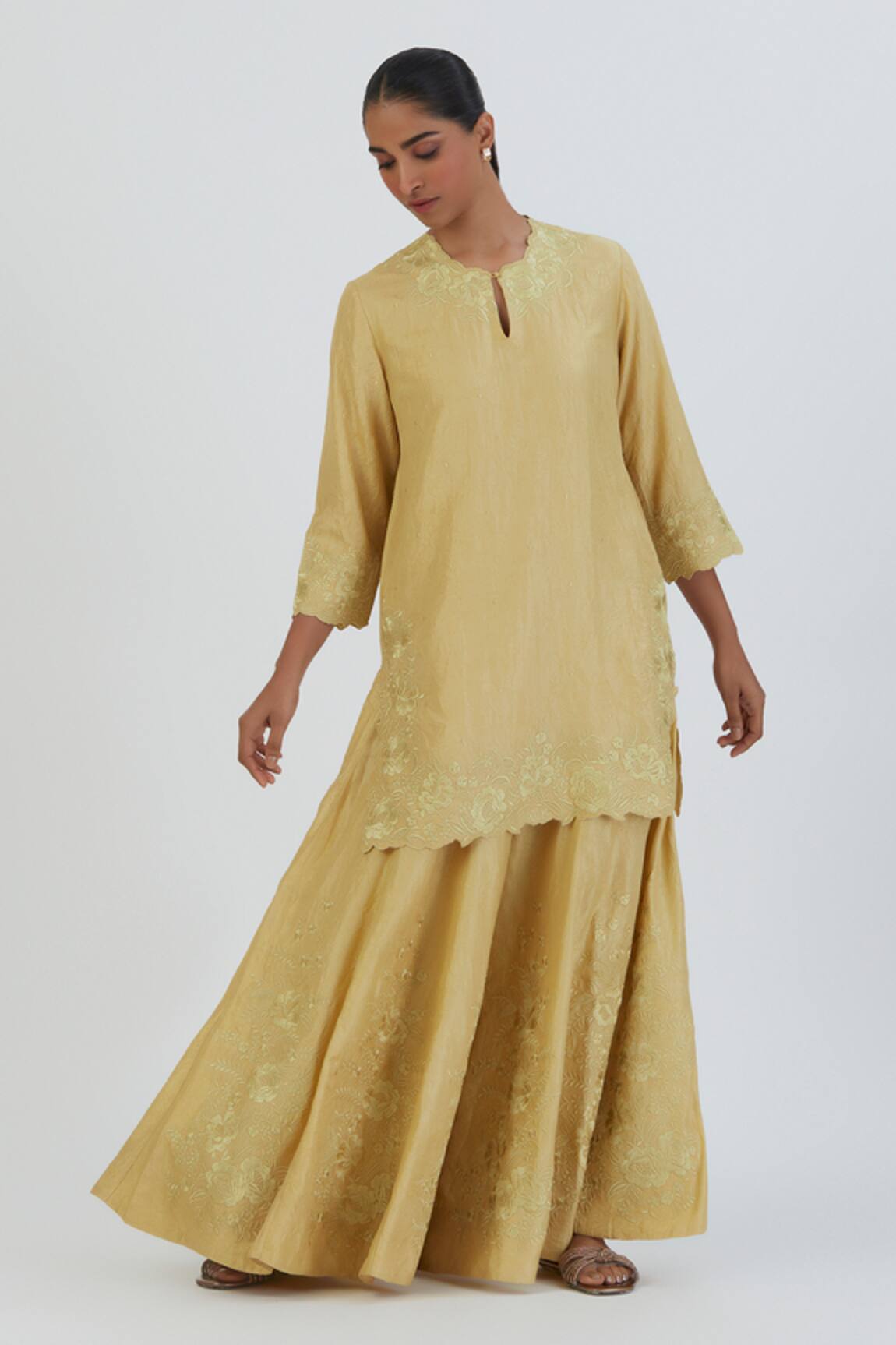 Lajjoo C Wild Blossom Embroidered Silk Kurta With Sharara