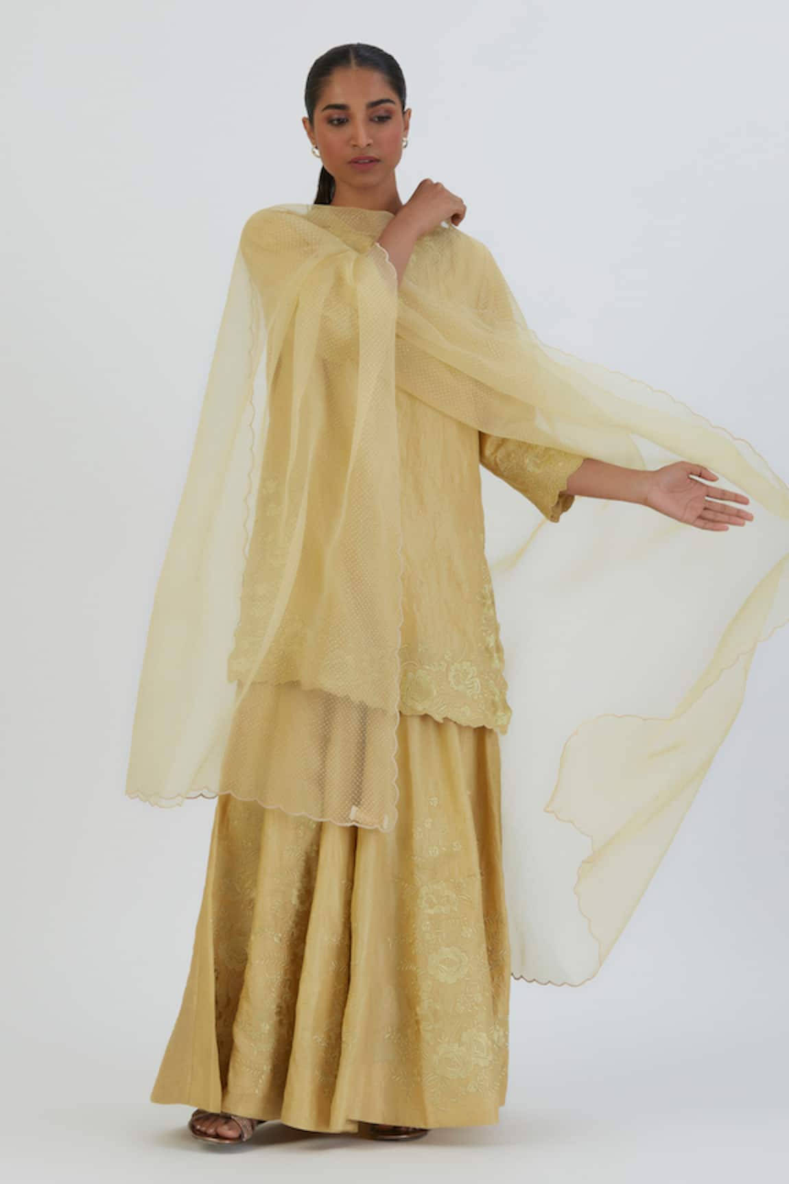 Lajjoo C Ela Dot Embroidered Scallop Border Organza Dupatta