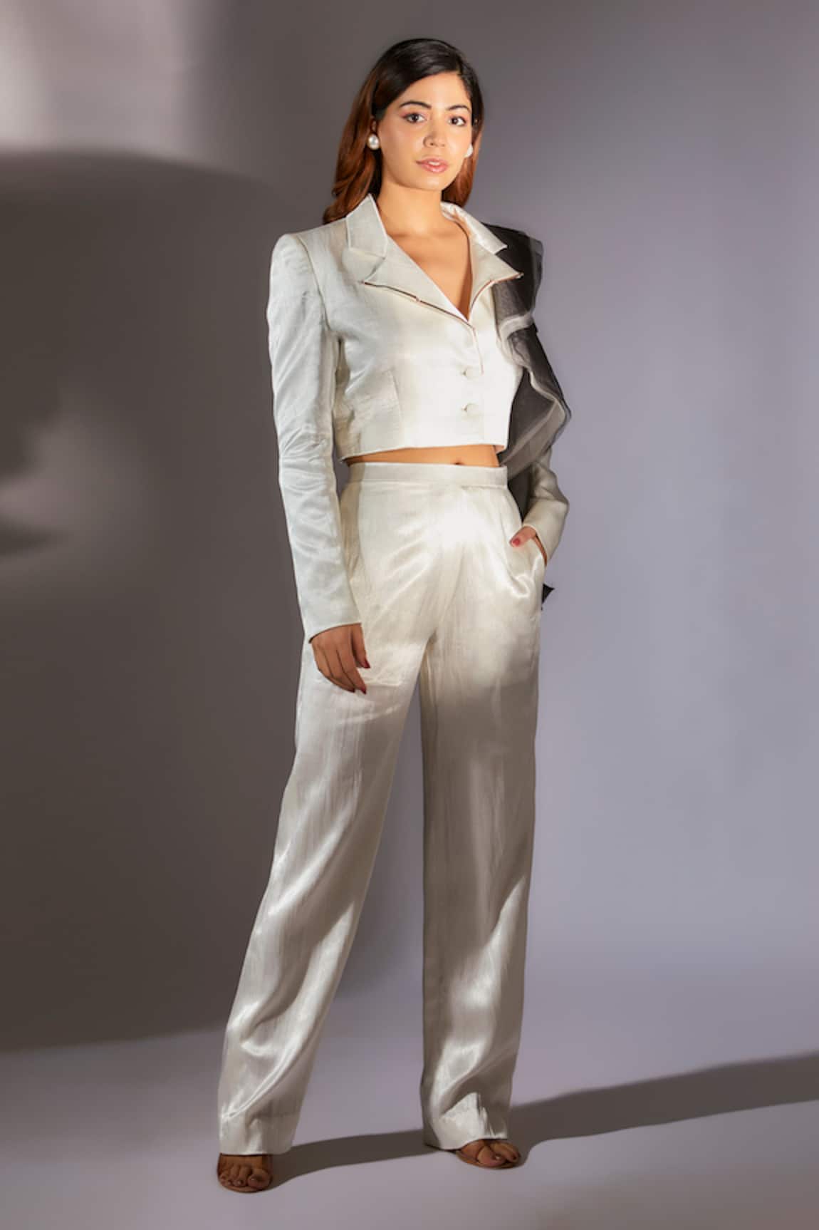 Masumi Mewawalla Structured Ruffle Crop Blazer & Pant Set