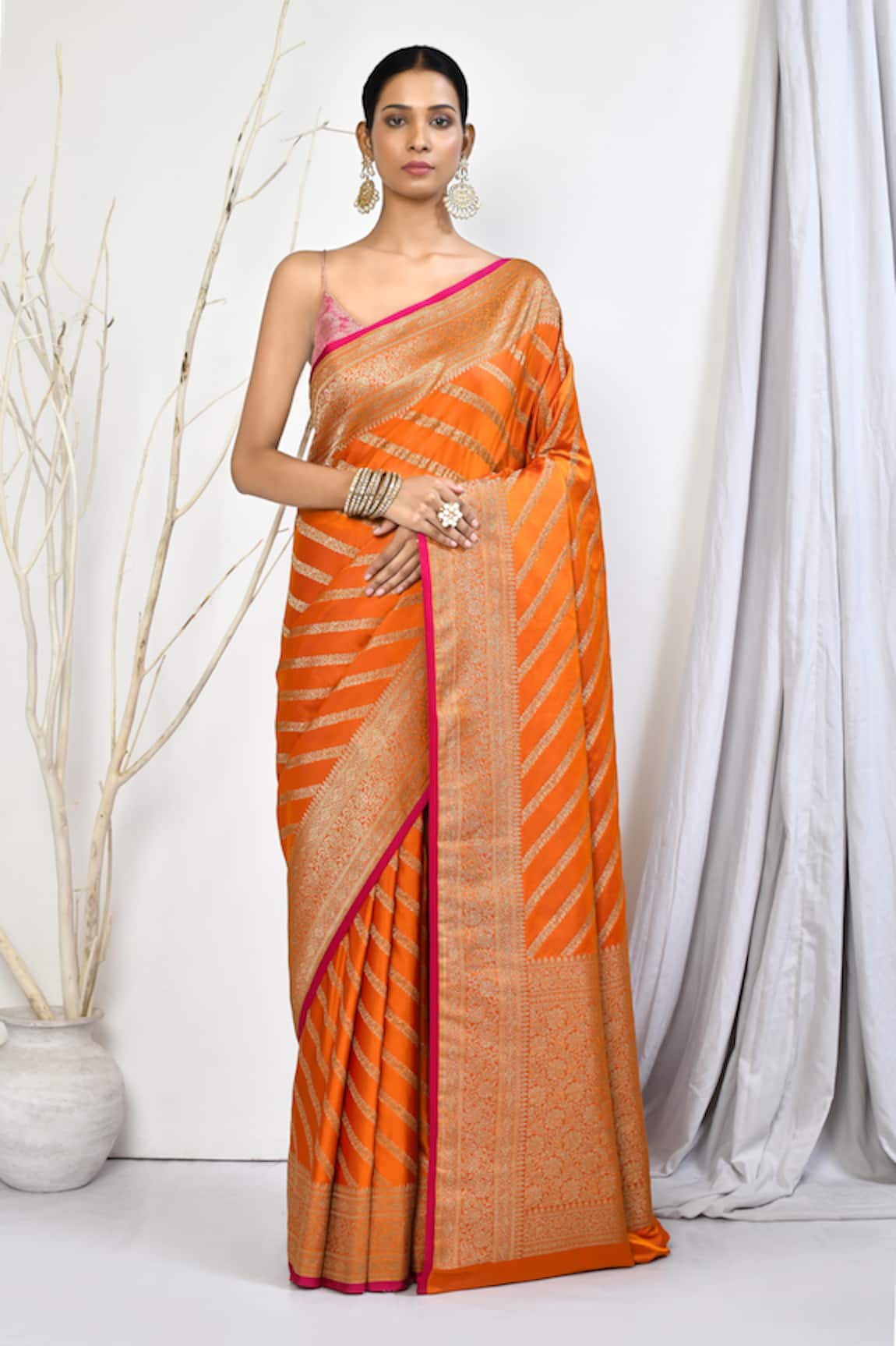 Nazaakat by Samara Singh Floral Stripe Woven Banarasi Saree With Running Blouse