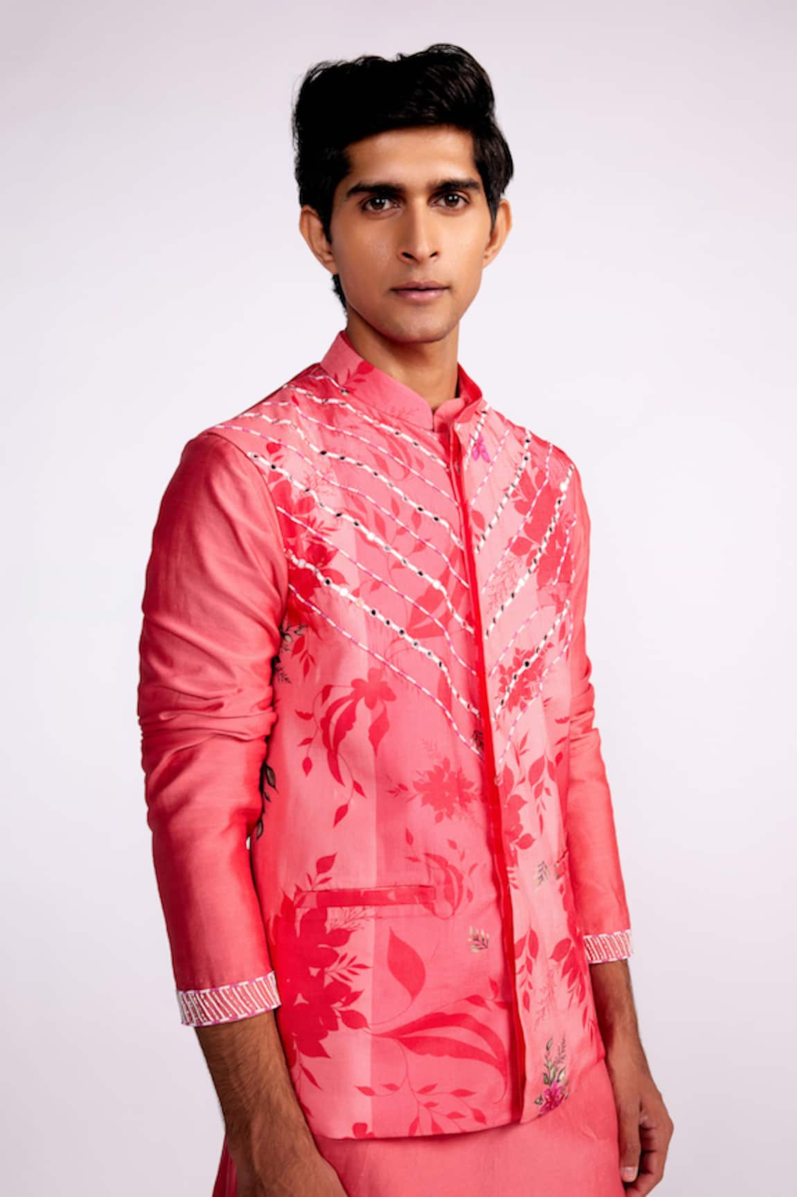 Isha Gupta Tayal Floral Printed Pink Nehru Jacket 