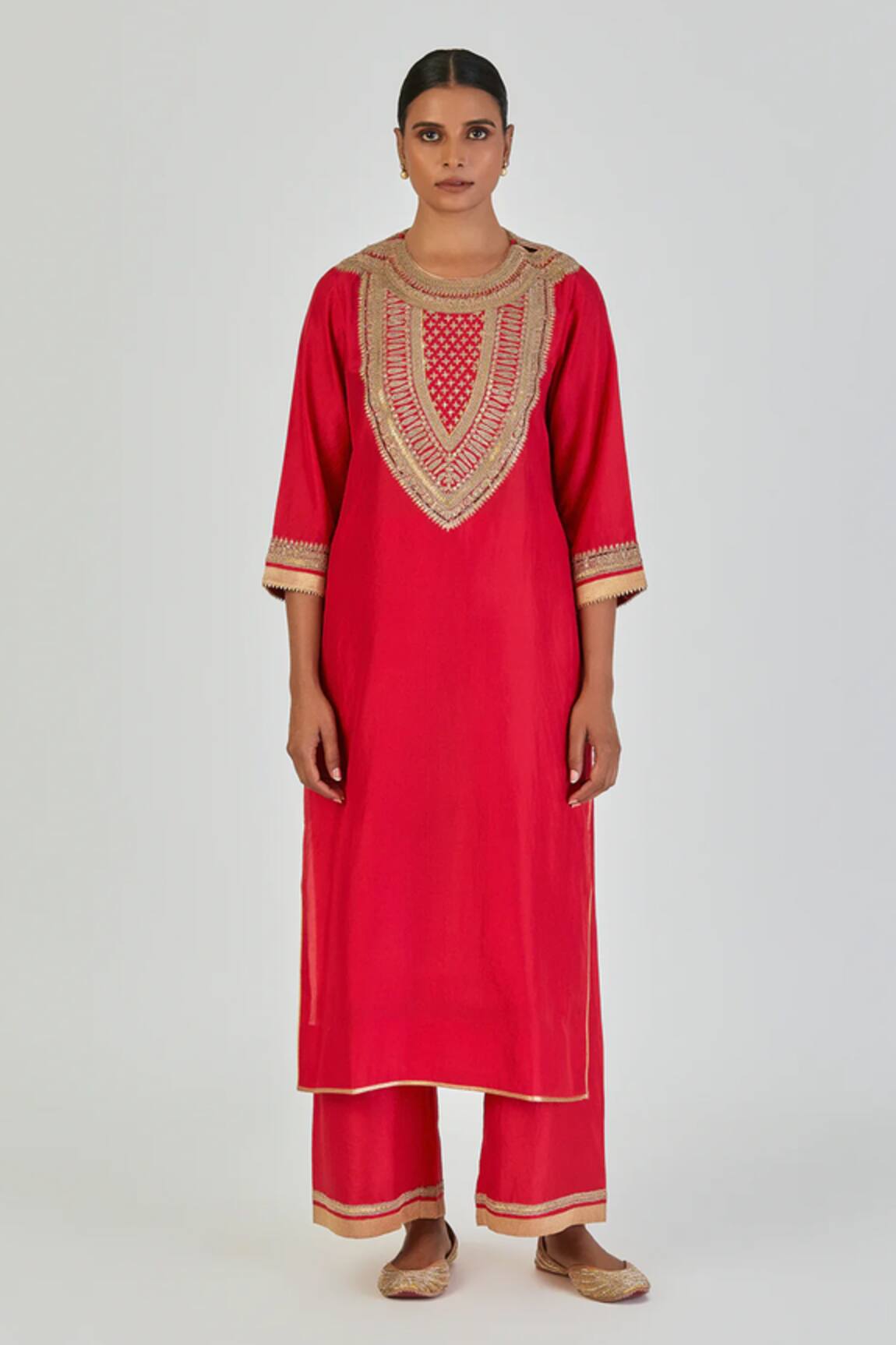 Lajjoo C Aiza Floral Arch Embroidered Yoke Kurta With Palazzo