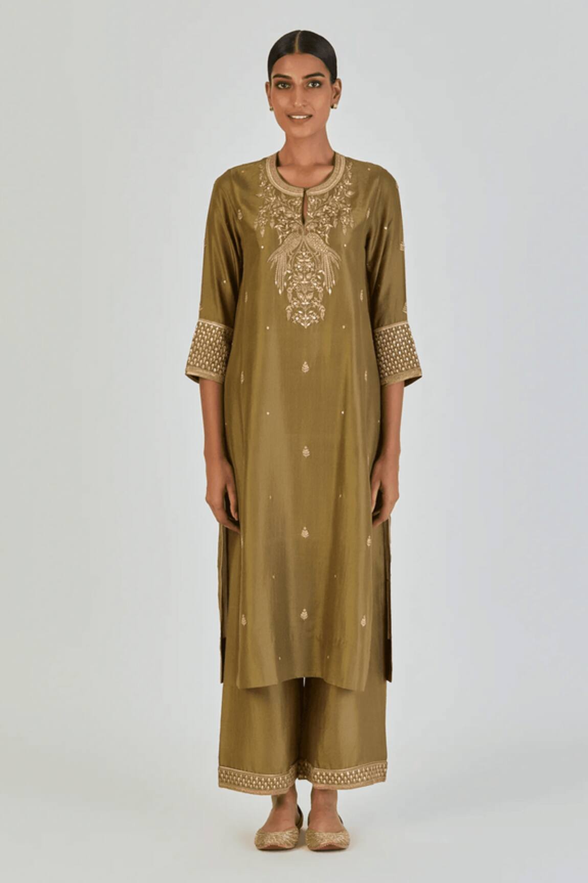 Lajjoo C Nida Parakeet Embroidered Kurta With Palazzo