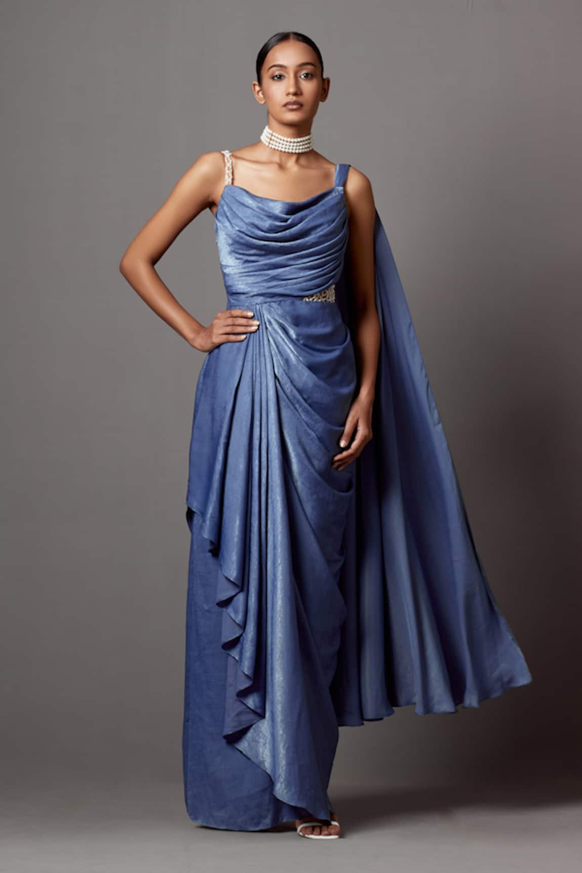 Mala and Kinnary Side Cut-Out Draped Saree Gown