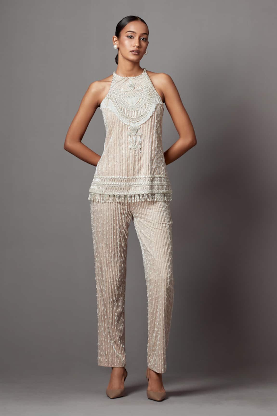 Mala and Kinnary Crystal Stripe Embellished Top With Pant