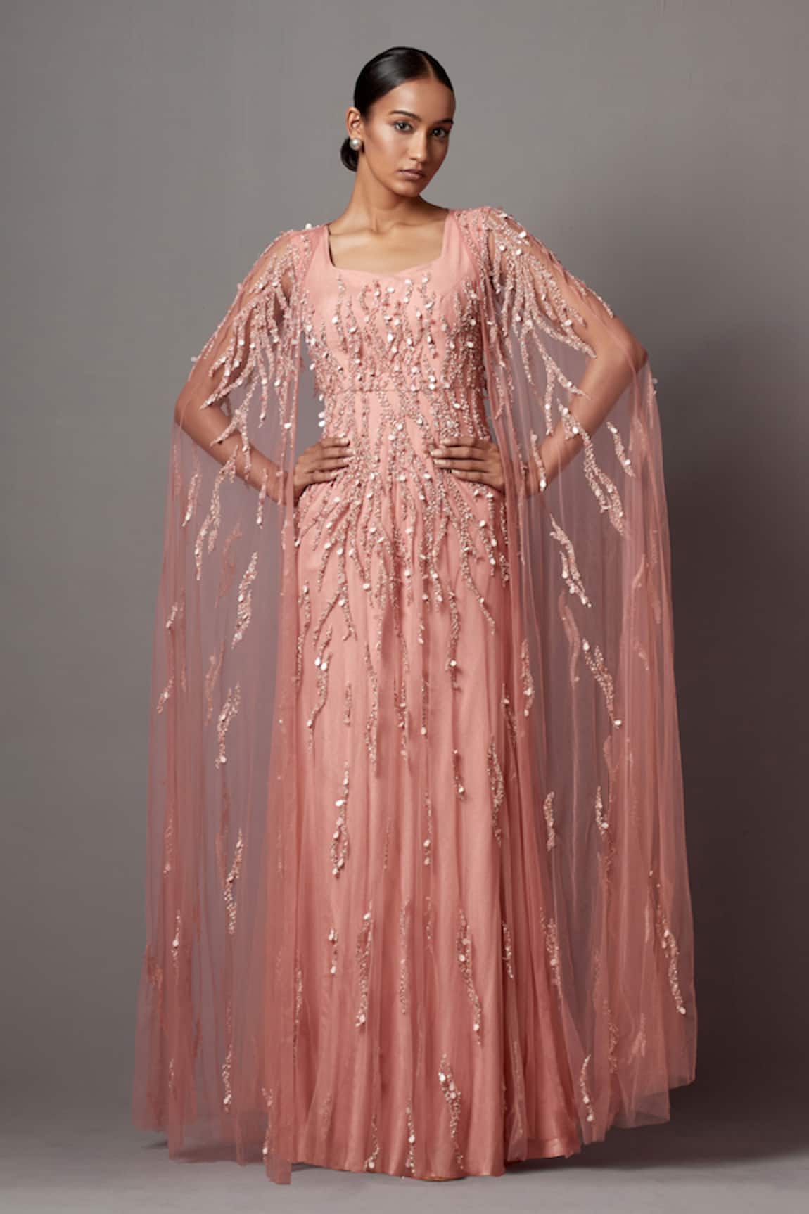 Mala and Kinnary Sequin Embellished Gown With Cape