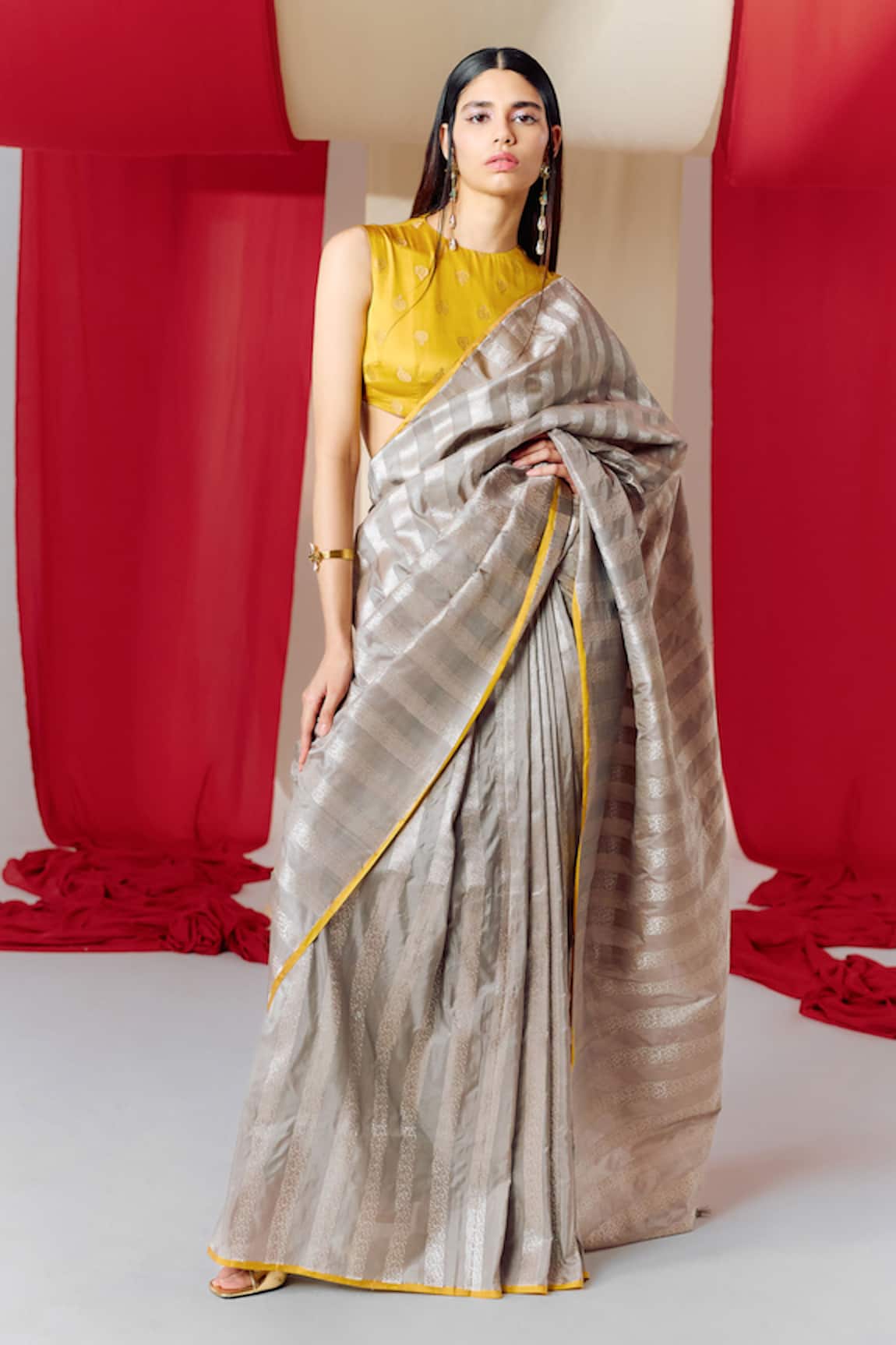 Ekaya Silk Striped Saree With Unstitched Blouse Piece