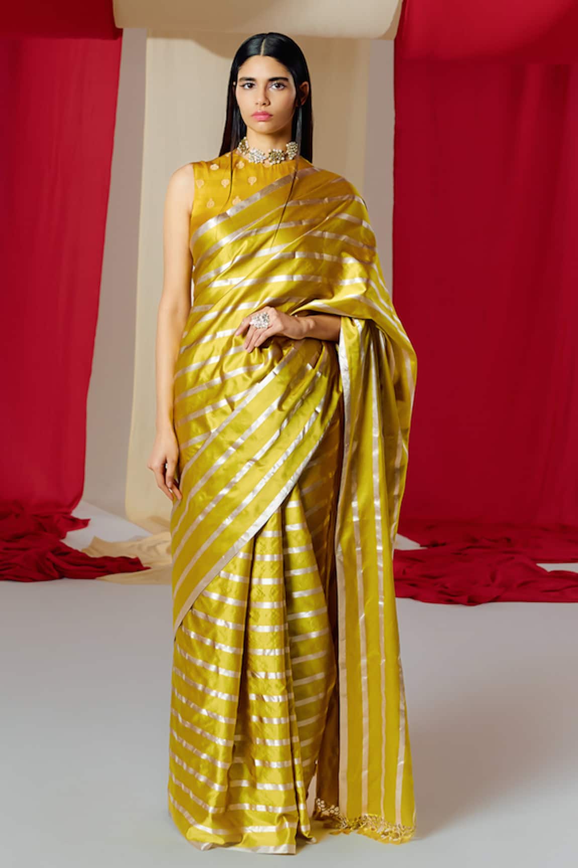 Ekaya Silk Stripe Handwoven Saree With Unstitched Blouse Piece