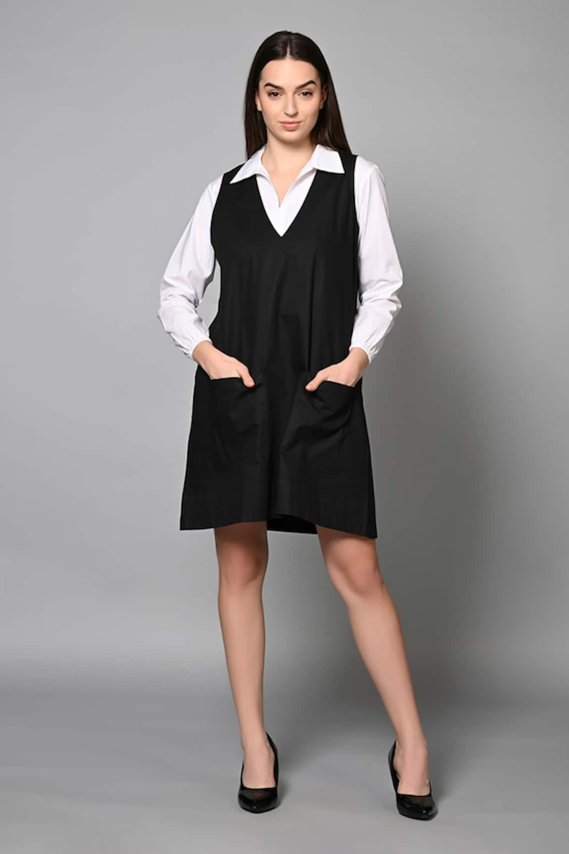 House of Manaa Plain Short Pinafore Dress With Shirt