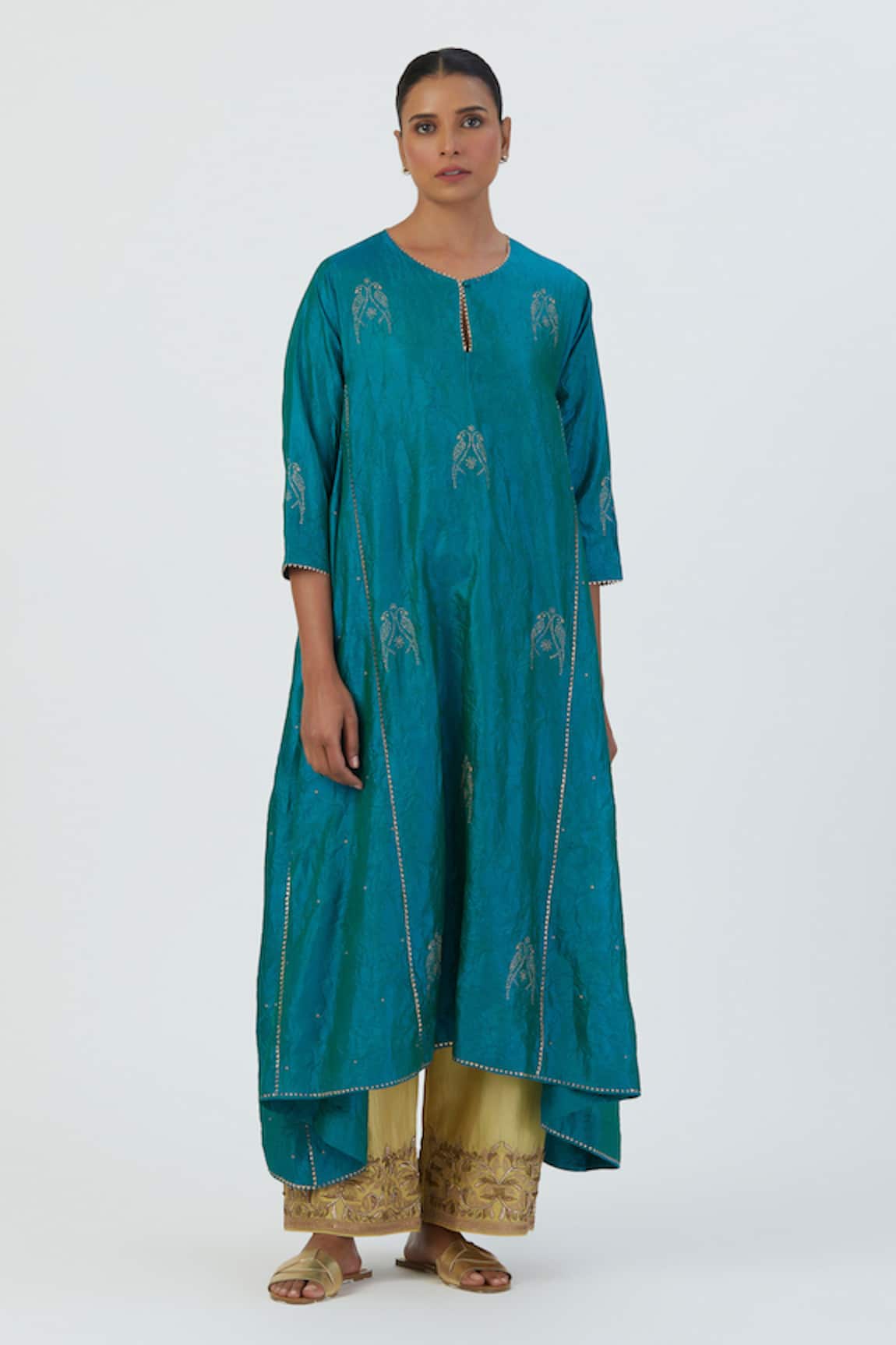 Lajjoo C Sujata Aari Embroidered Silk Kurta & Pant Set