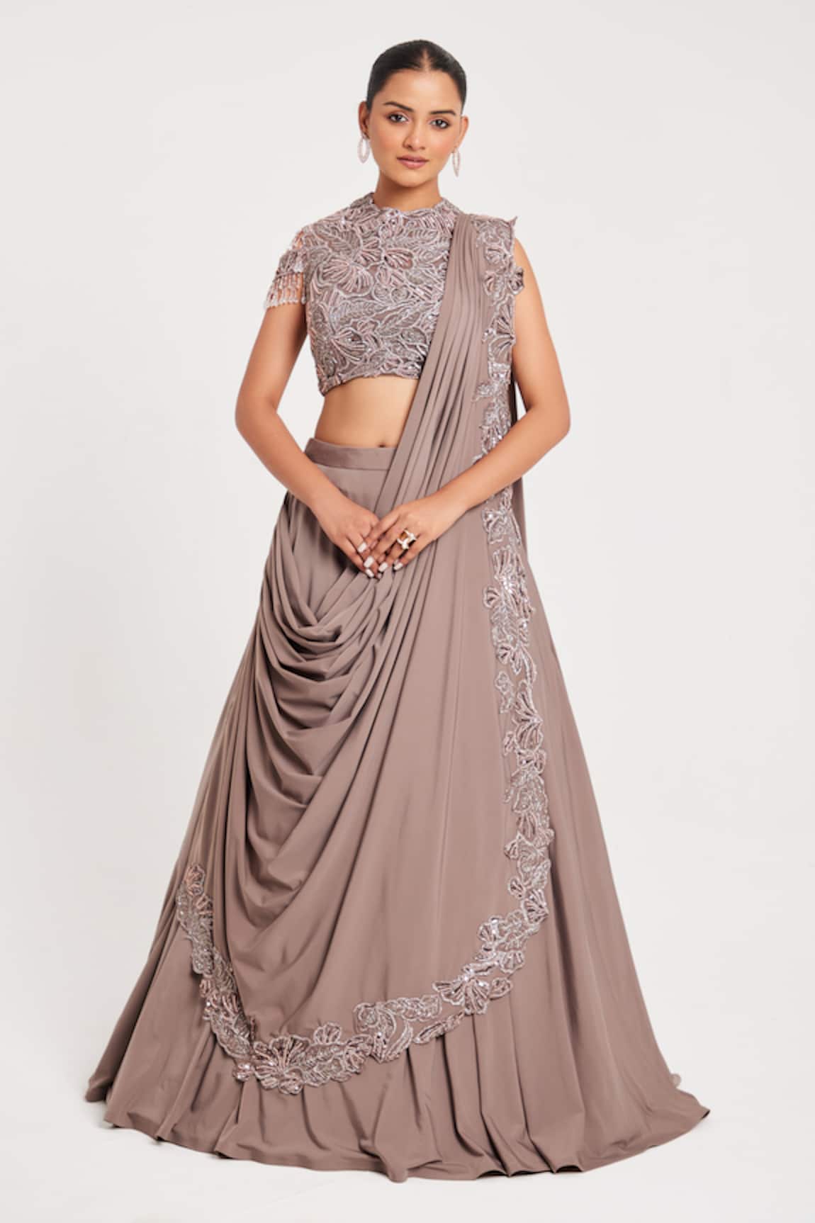 Chaashni by Maansi and Ketan Floral Embroidered Border Draped Lehenga With Embellished Blouse
