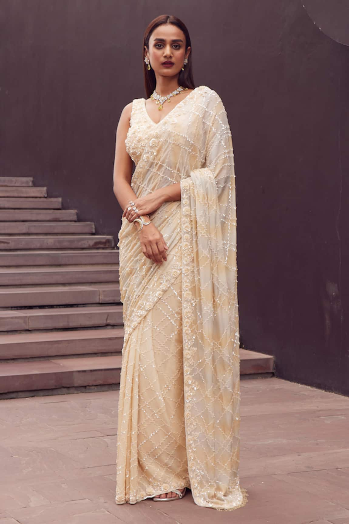 Istya Geometric Sequin Embroidered Saree With Blouse