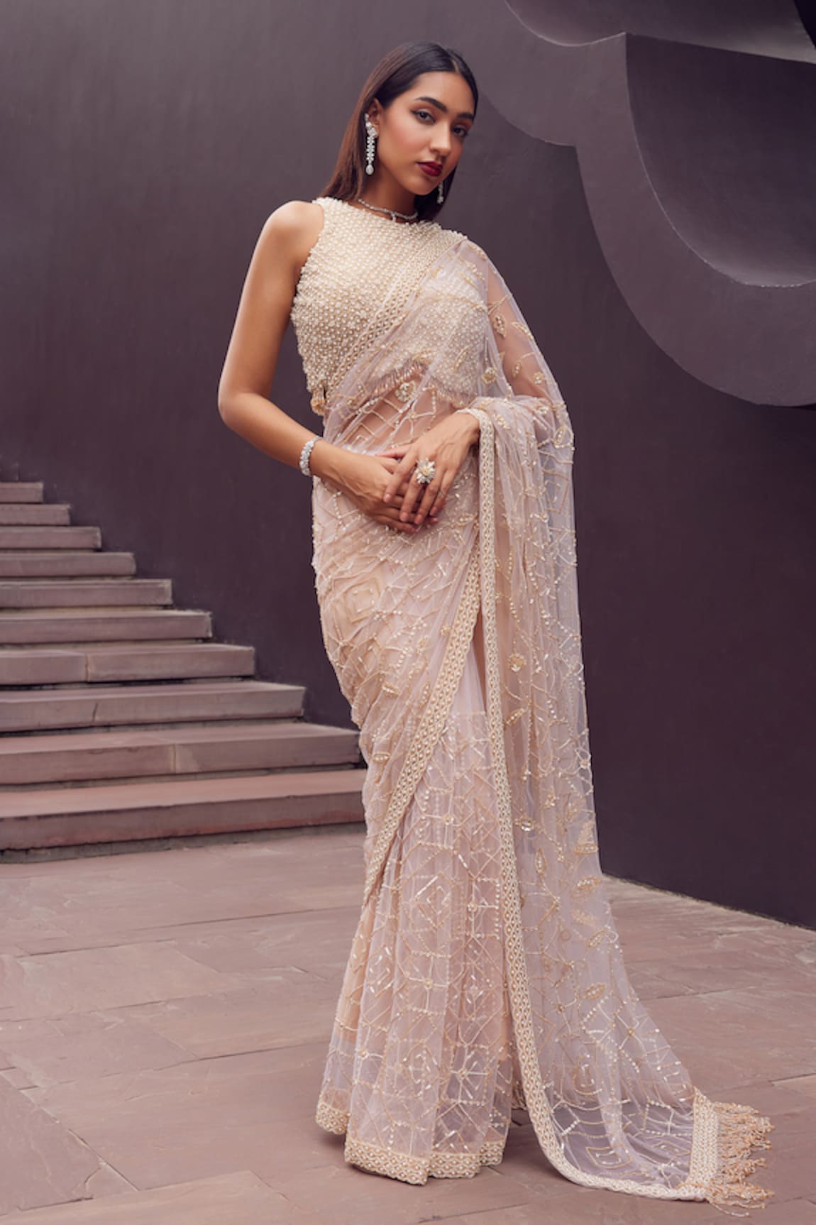 Istya Pearls & Sequin Embroidered Saree With Blouse