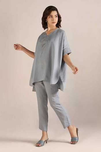 Kaveri Body Line Linen Embroidered Top & Pant Set 