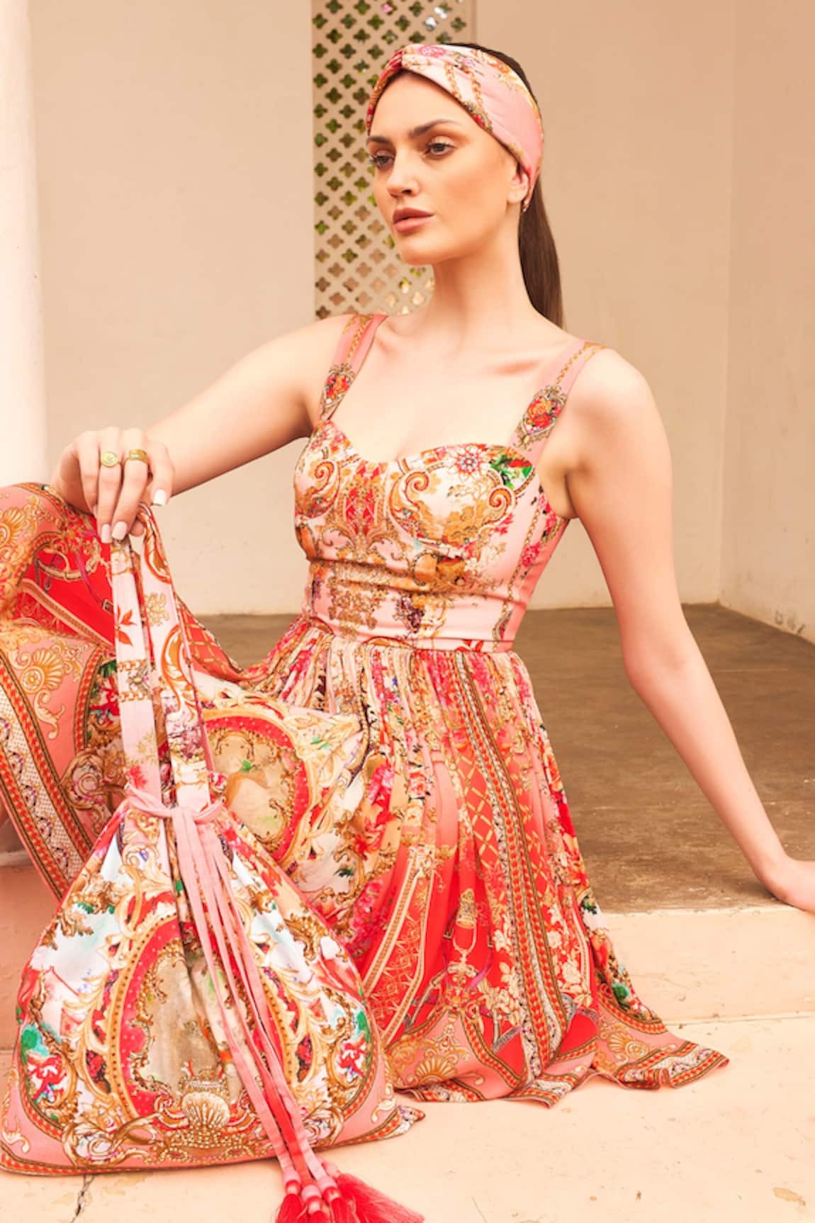 Zariaah Lotus Bloom Print Corset Dress With Beach Bag