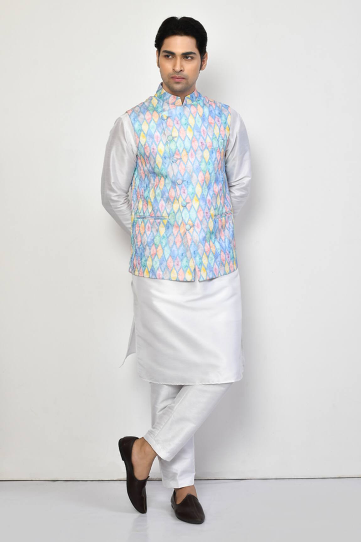 Arihant Rai Sinha Geometric Pattern Blue Nehru Jacket 