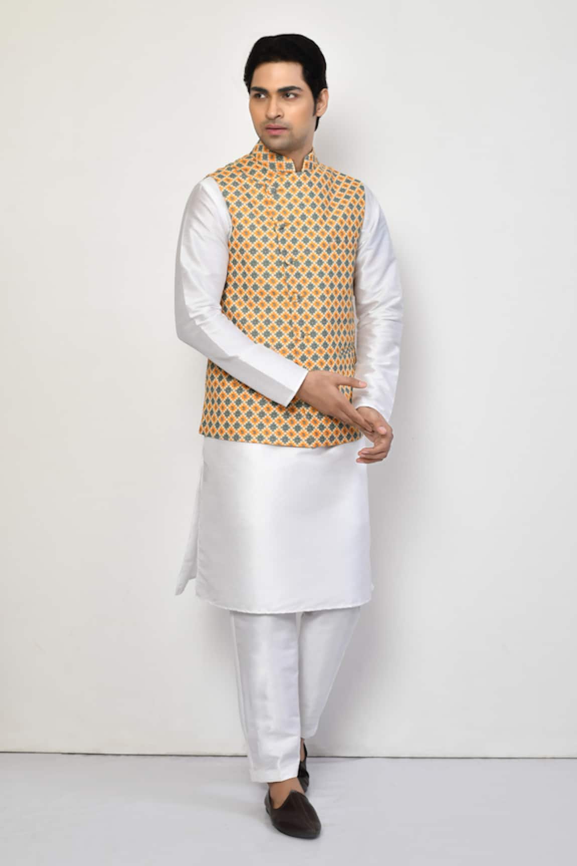 Arihant Rai Sinha Paisley Checkered Yellow Bundi 