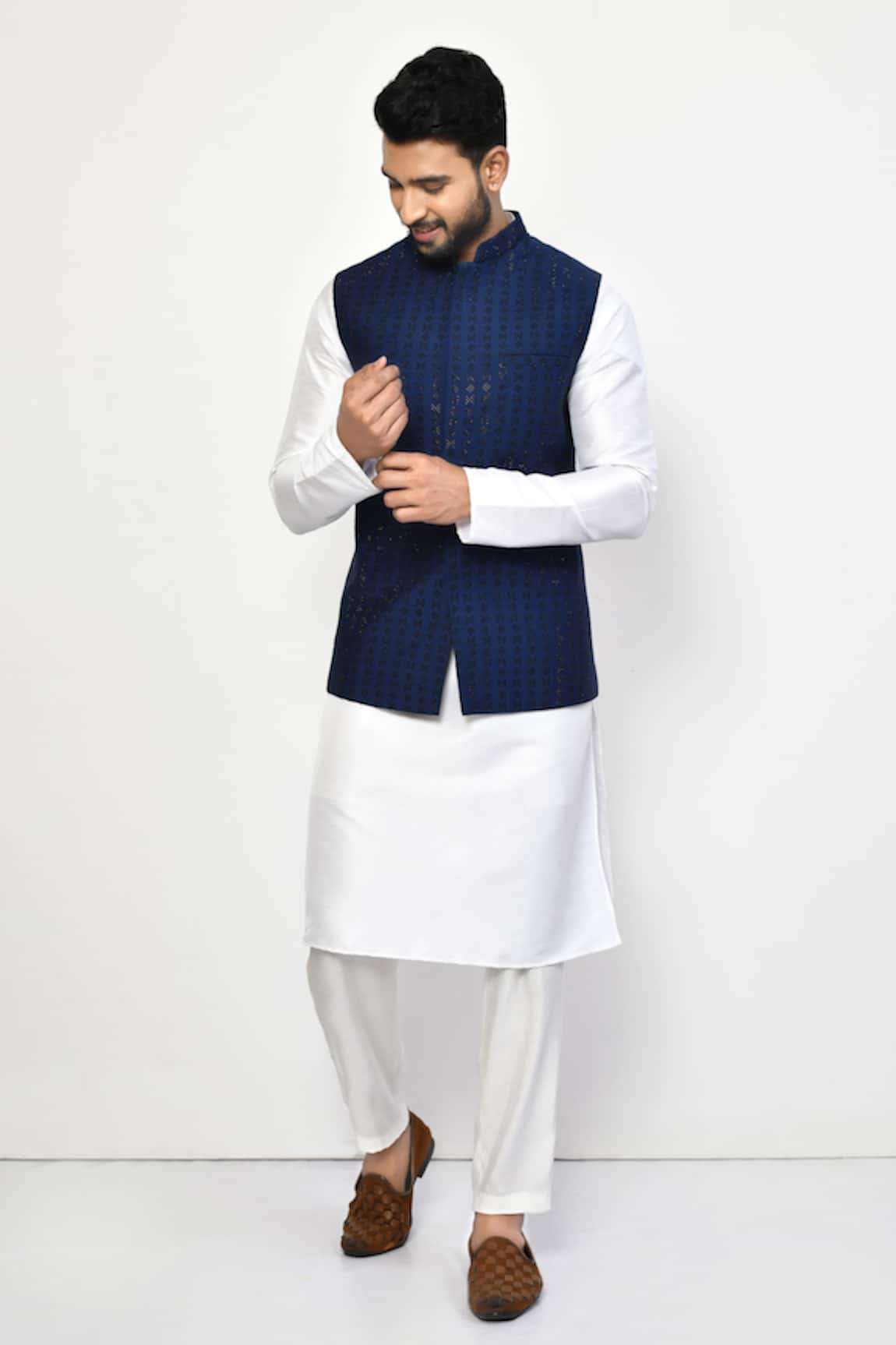 Arihant Rai Sinha Florid Embellished Blue Bundi 