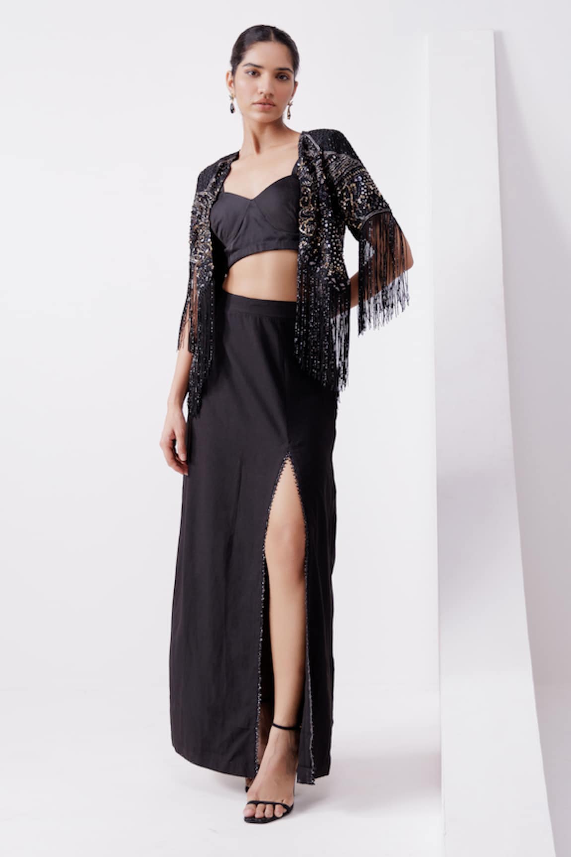 Istya Tassel Embroidered Cape & Skirt Set