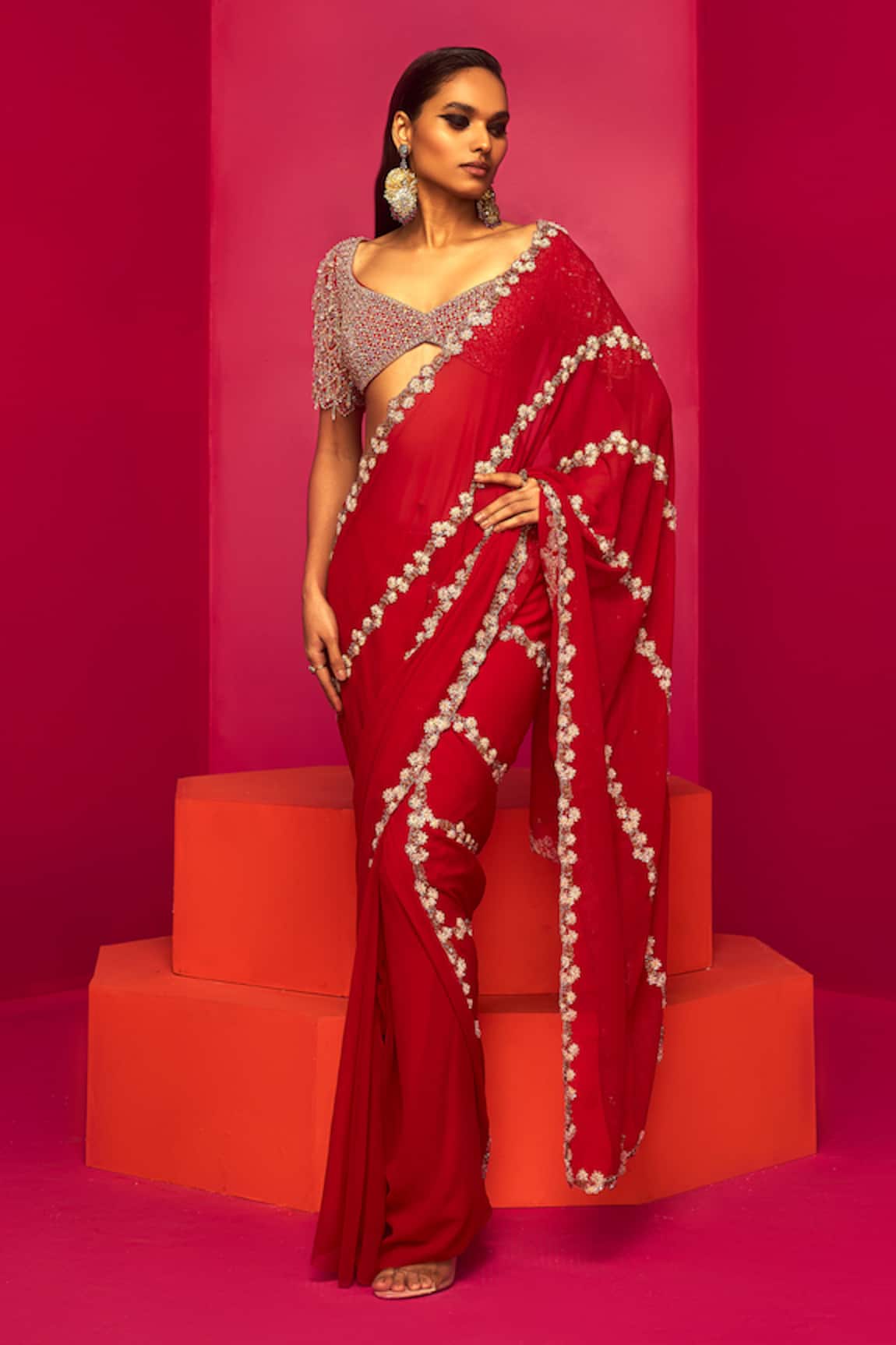 Krisha sunny Ramani Floral Stripe Embroidered Pre-Draped Saree With Blouse