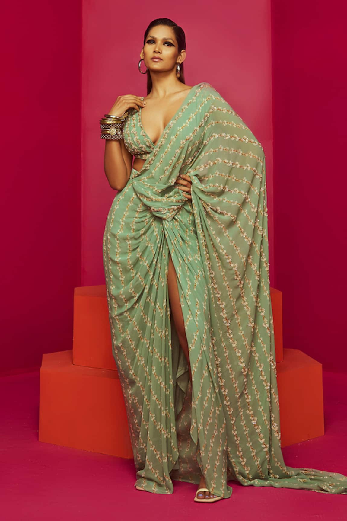 Krisha sunny Ramani Floral Stripe Print Pre-Draped Saree With Blouse