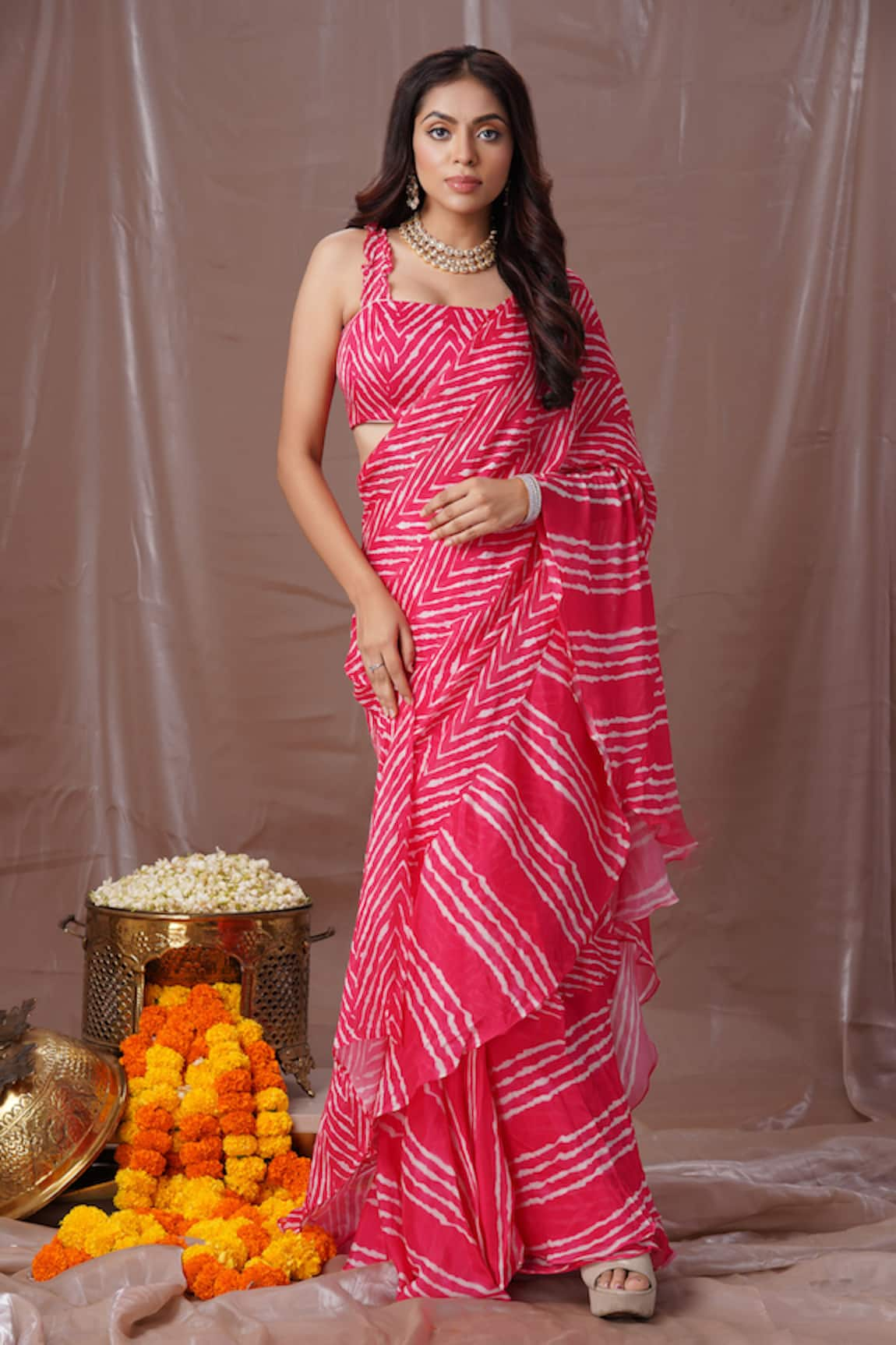 Amani Leheriya Print Pre-Draped Saree With Blouse