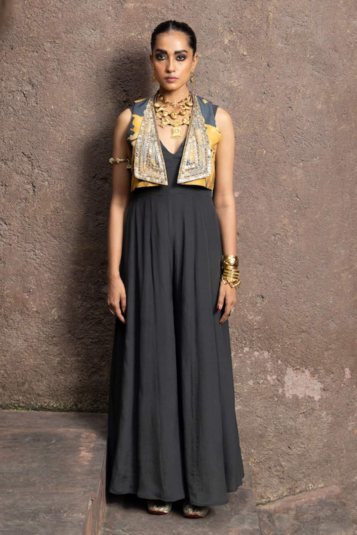 Seeaash Solid Jumpsuit With Embellished Gilet