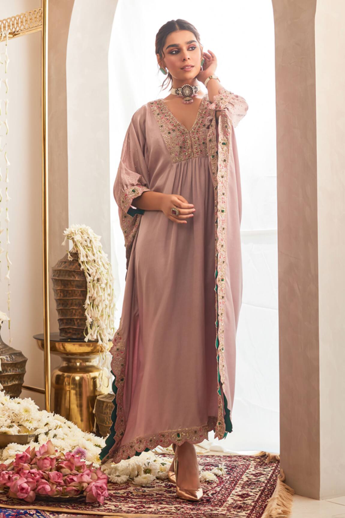 Tabeer India Yoke Embellished Kaftan & Pant Set