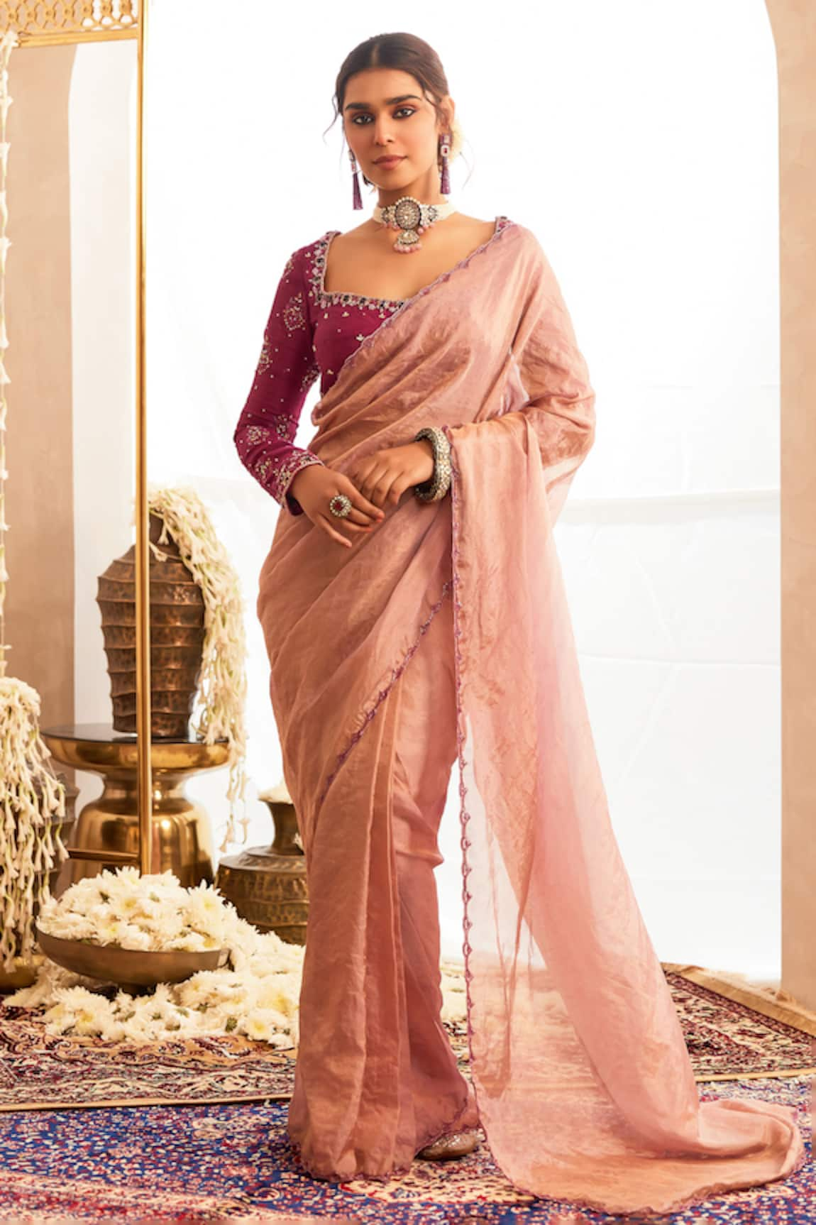 Tabeer India Border Embroidered Pre-Draped Saree Set With Stole