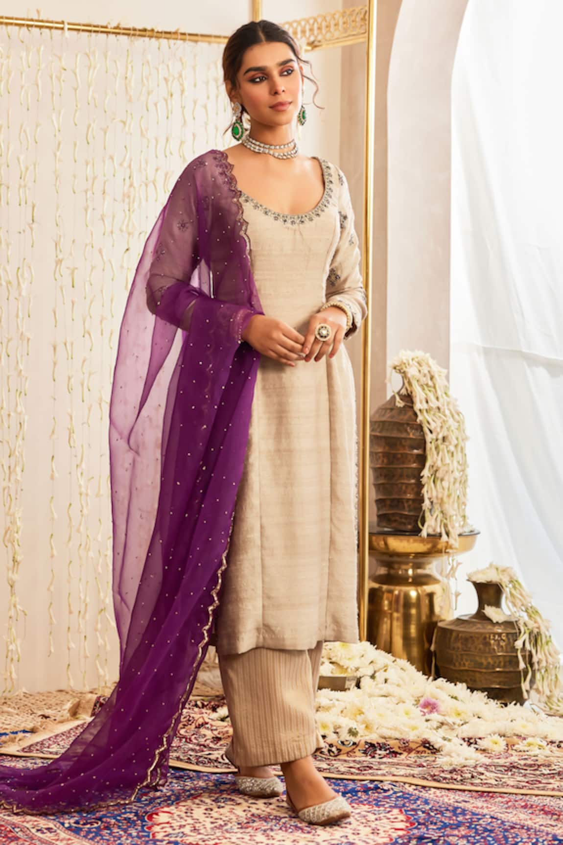 Tabeer India Raw Silk Embellished Kurta Palazzo Set