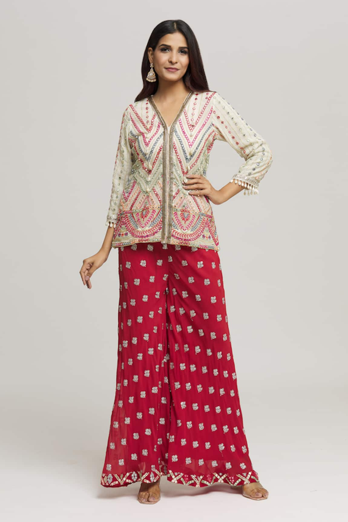 Kunwaraniritu Geometric Mirror Embroidered Tunic With Palazzo