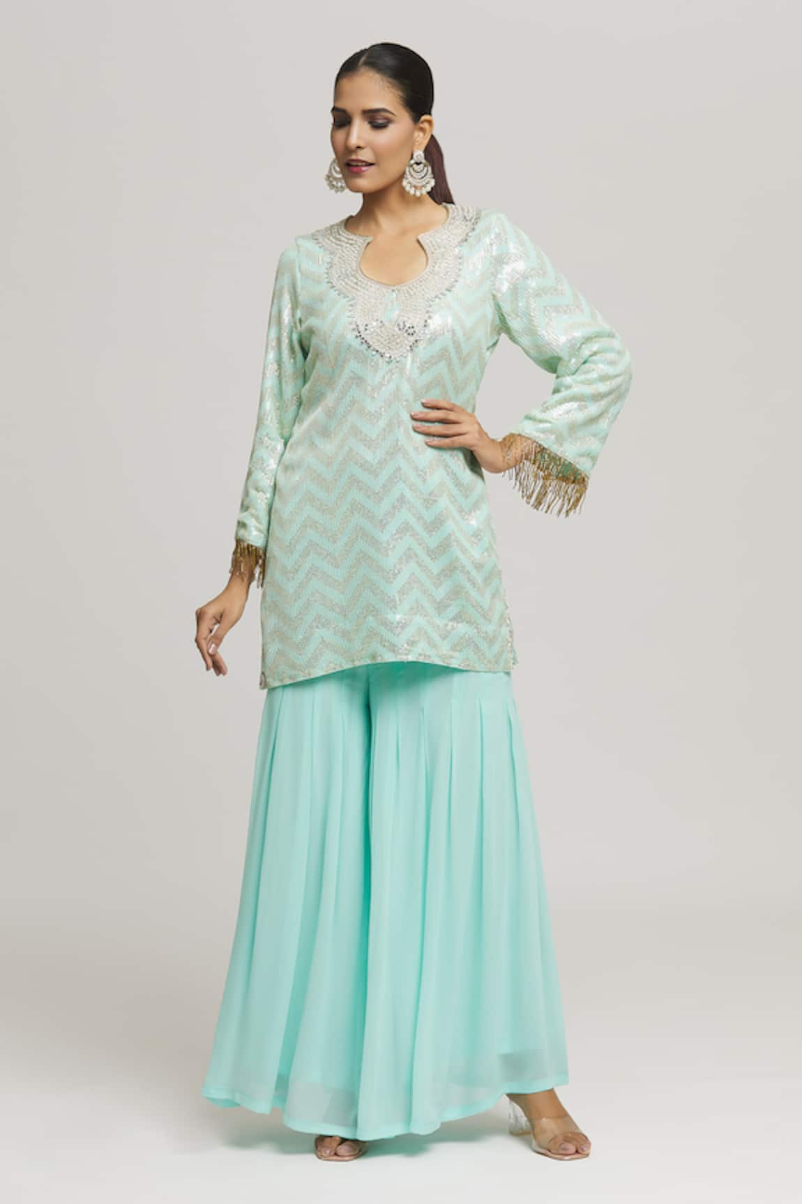 Kunwaraniritu Chevron Embellished Tunic With Palazzo