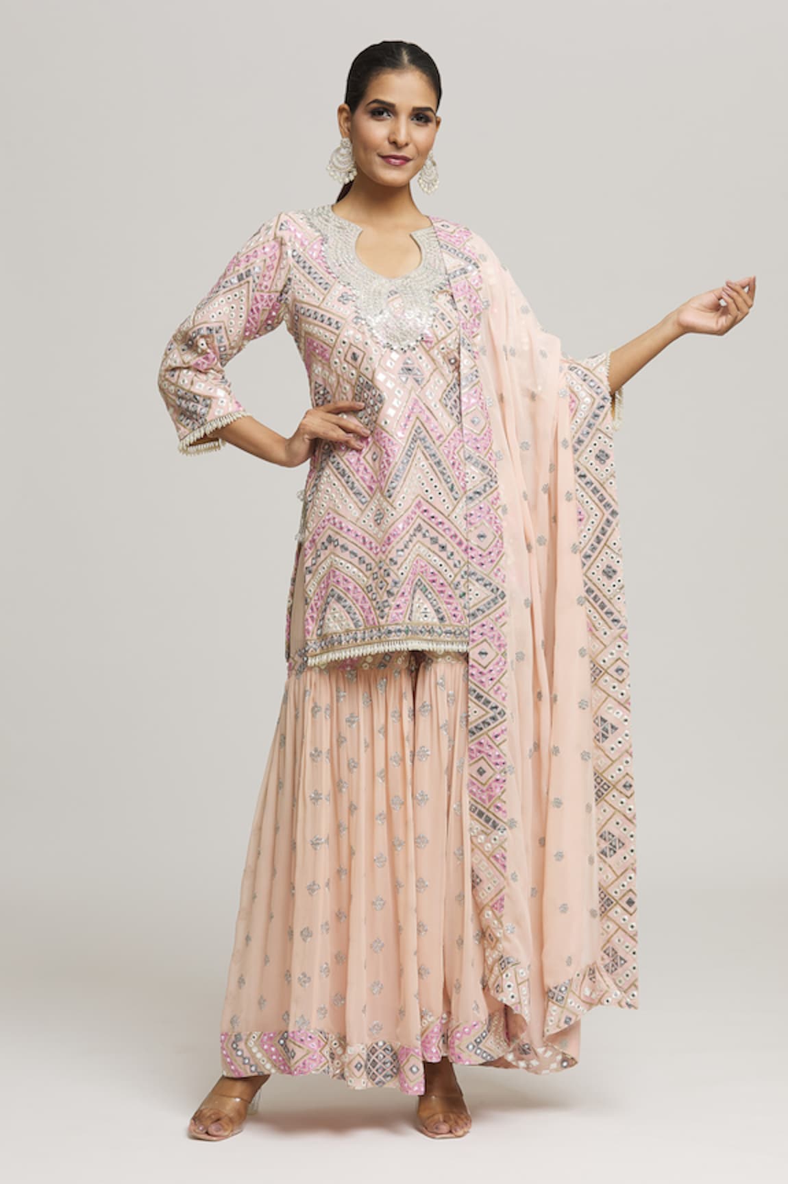 Kunwaraniritu Geometric Embroidered Kurta Sharara Set