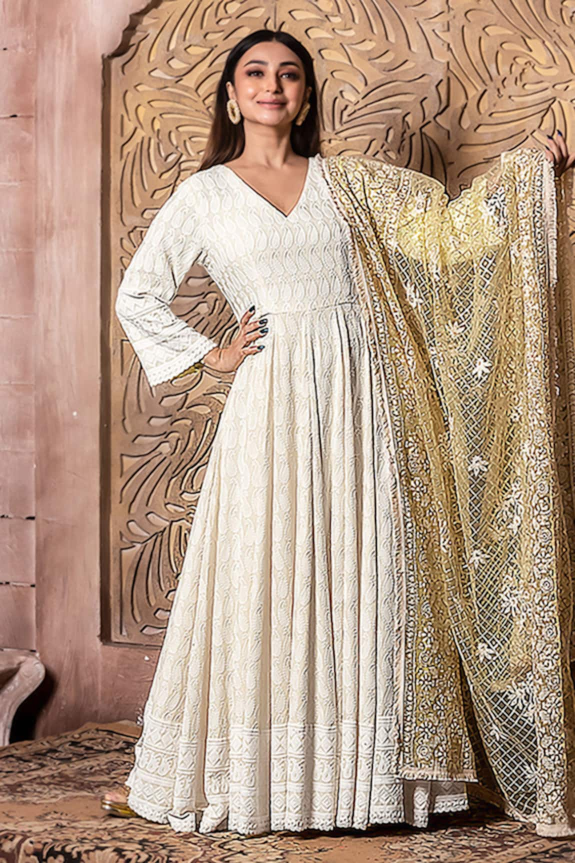 Monk & Mei Falak Paisley Chikankari Embroidered Anarkali With Dupatta