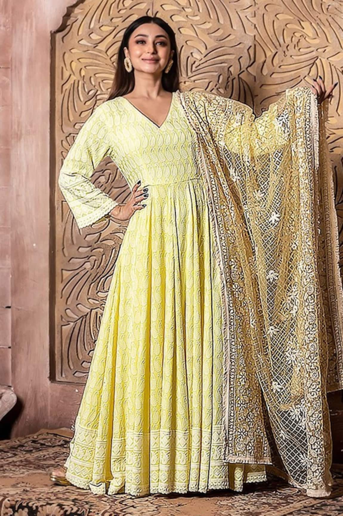 Monk & Mei Falak Chikankari Embroidered Anarkali With Dupatta