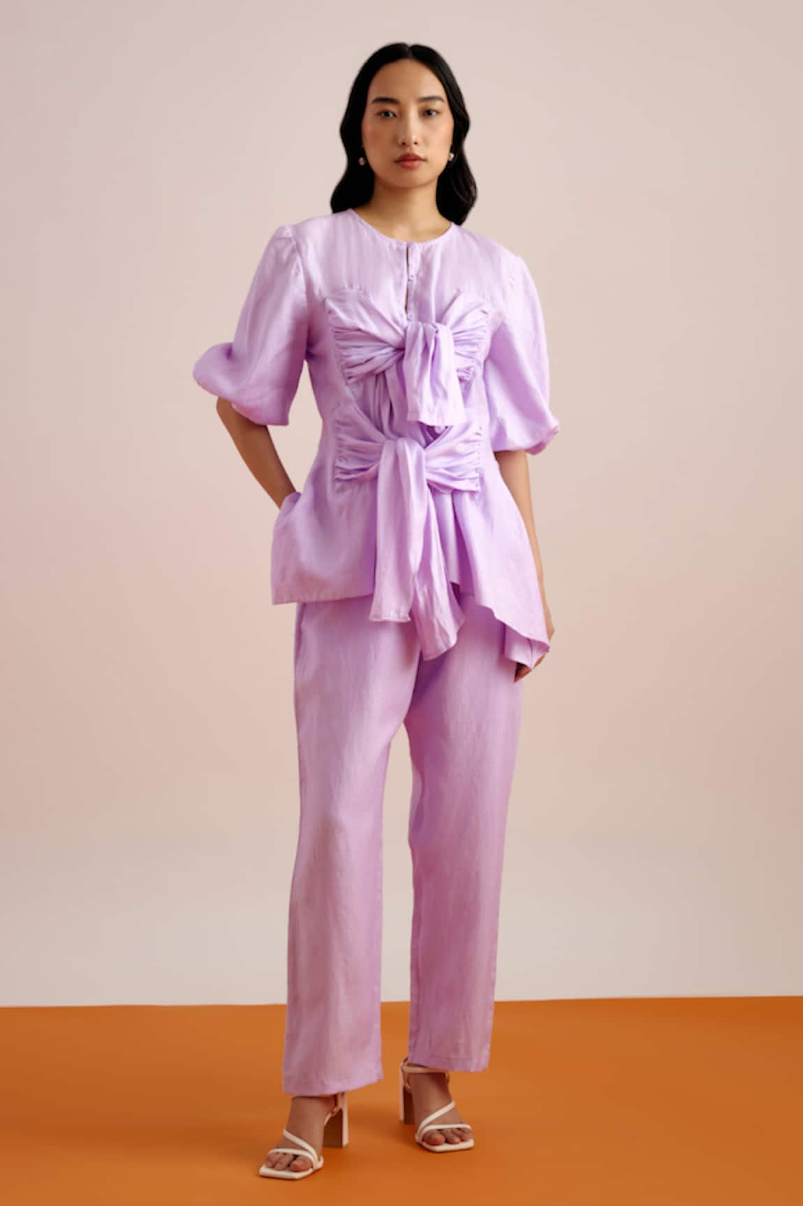 Echo By Tanya Arora Linen Solid Tie Up Top & Pant Set