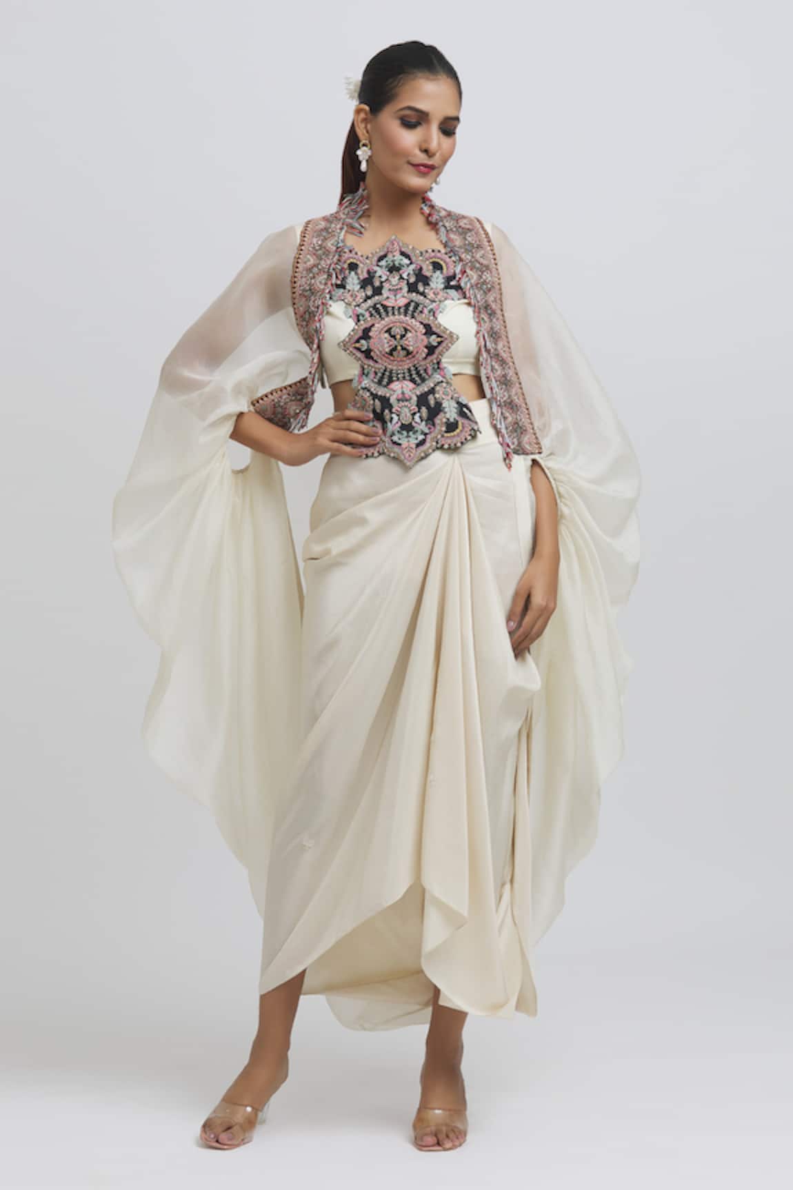 Anamika Khanna Embroidered Cape & Draped Silk Skirt Set
