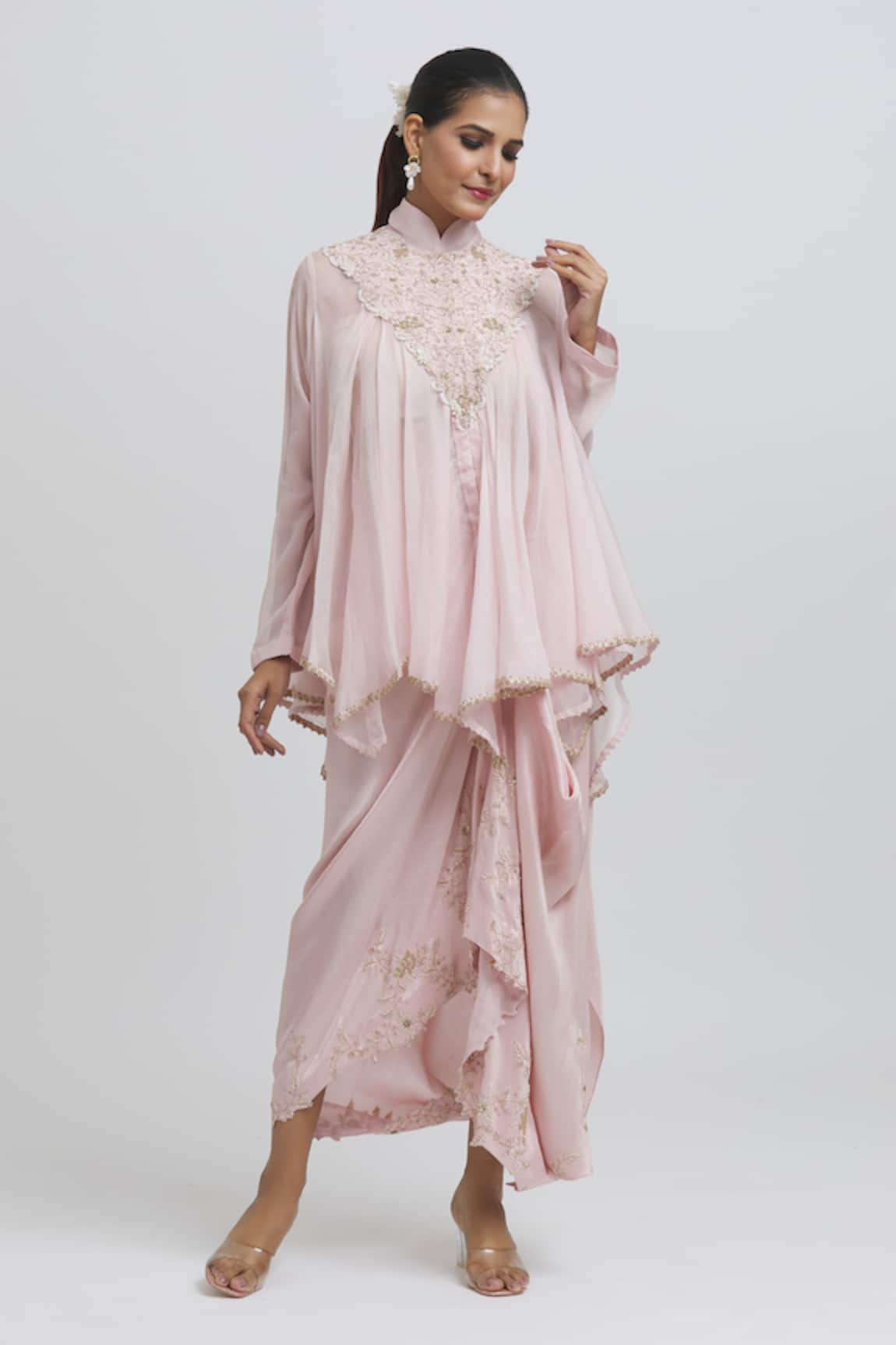 Anamika Khanna Floral Embroidered Kaftan & Draped Skirt Set