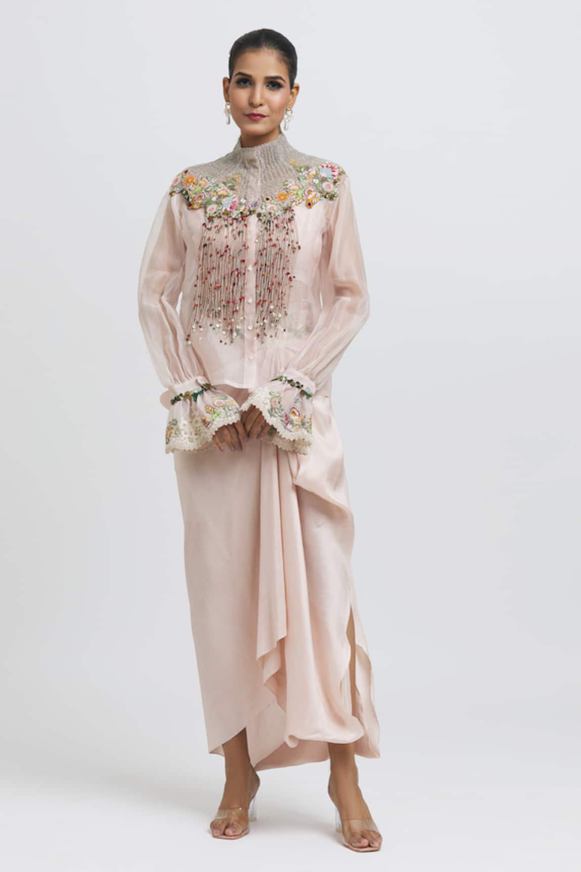 Anamika Khanna Floral Thread Embroidered Top Skirt Set
