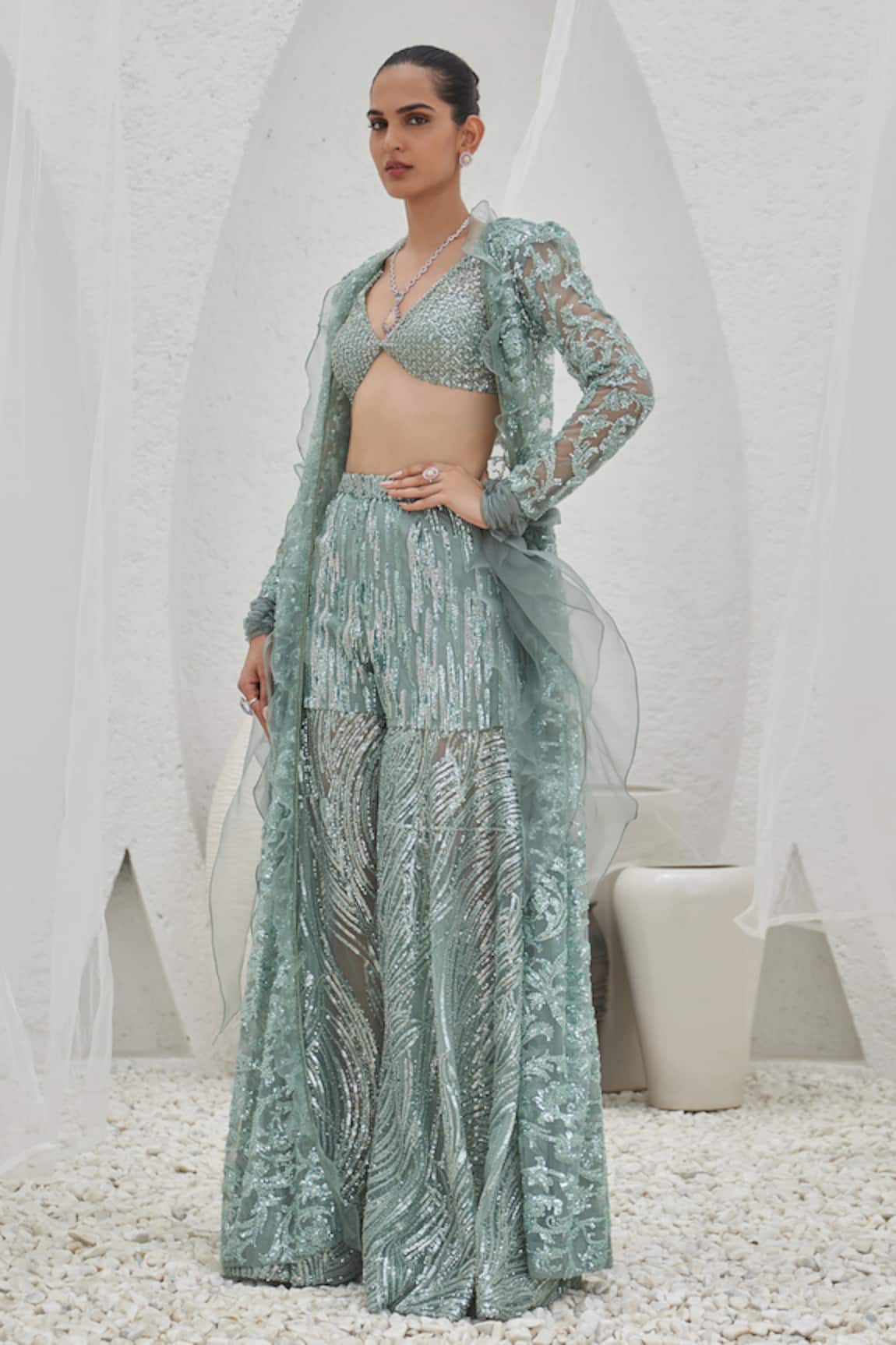 Mahima Mahajan Rafa Crystal Swirl Embroidered Jacket Gharara Set