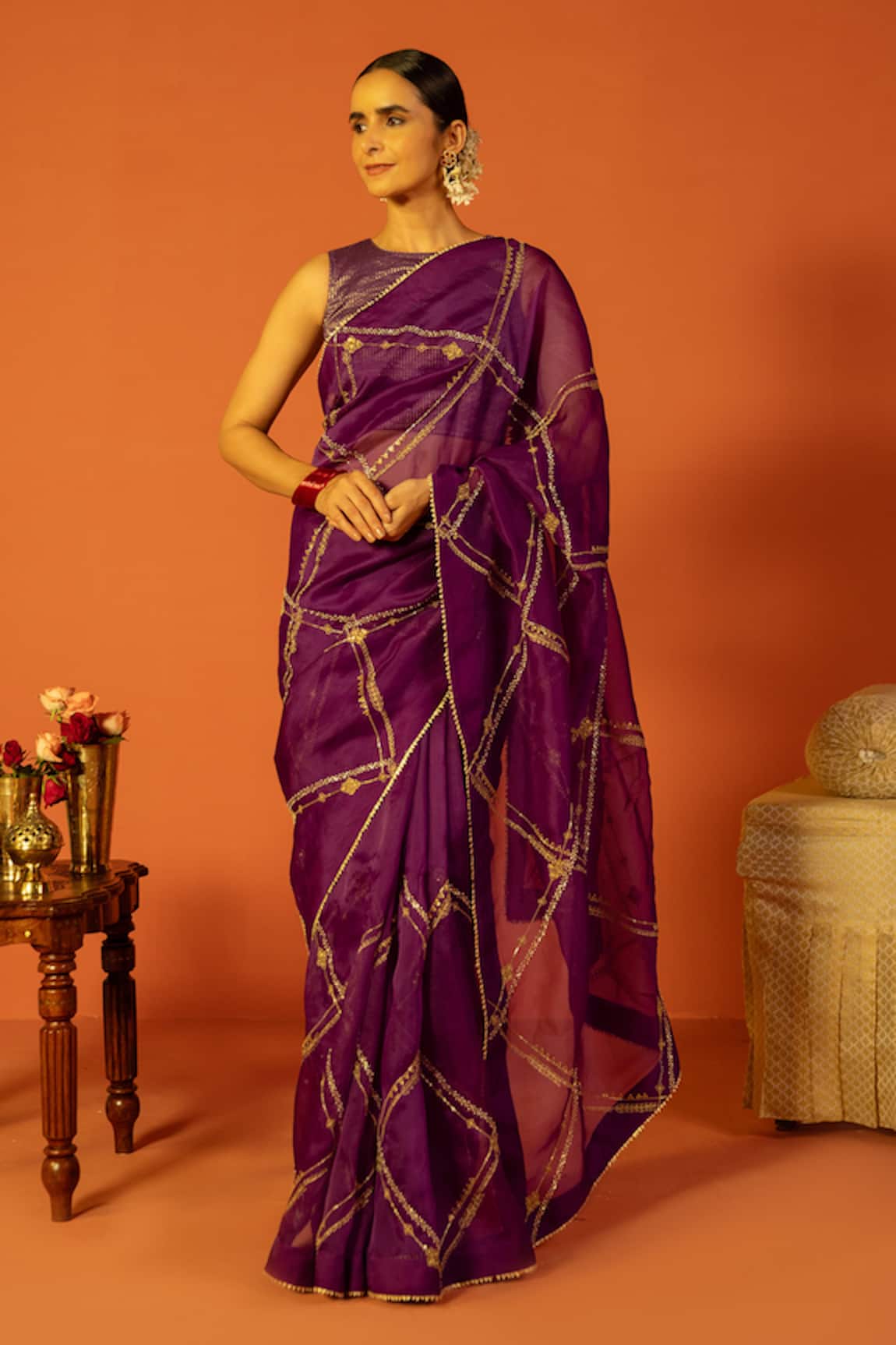 Kridha Designs Nandini Floral Stripe Embroidered Saree With Chanderi Blouse