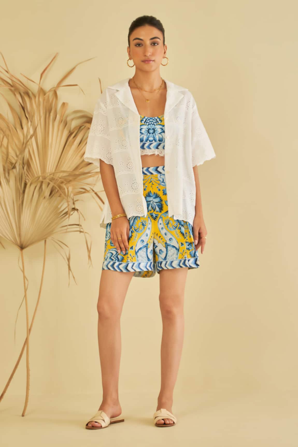 Sage Saga Gailla Floral Pattern Shorts Set With Schiffli Shirt