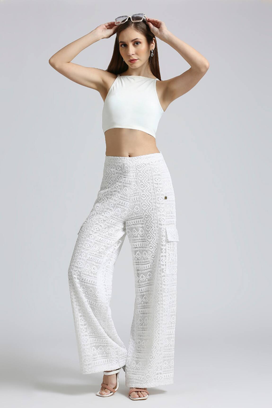 Emblaze Geometric Lace Embellished Cargo Flared Pant