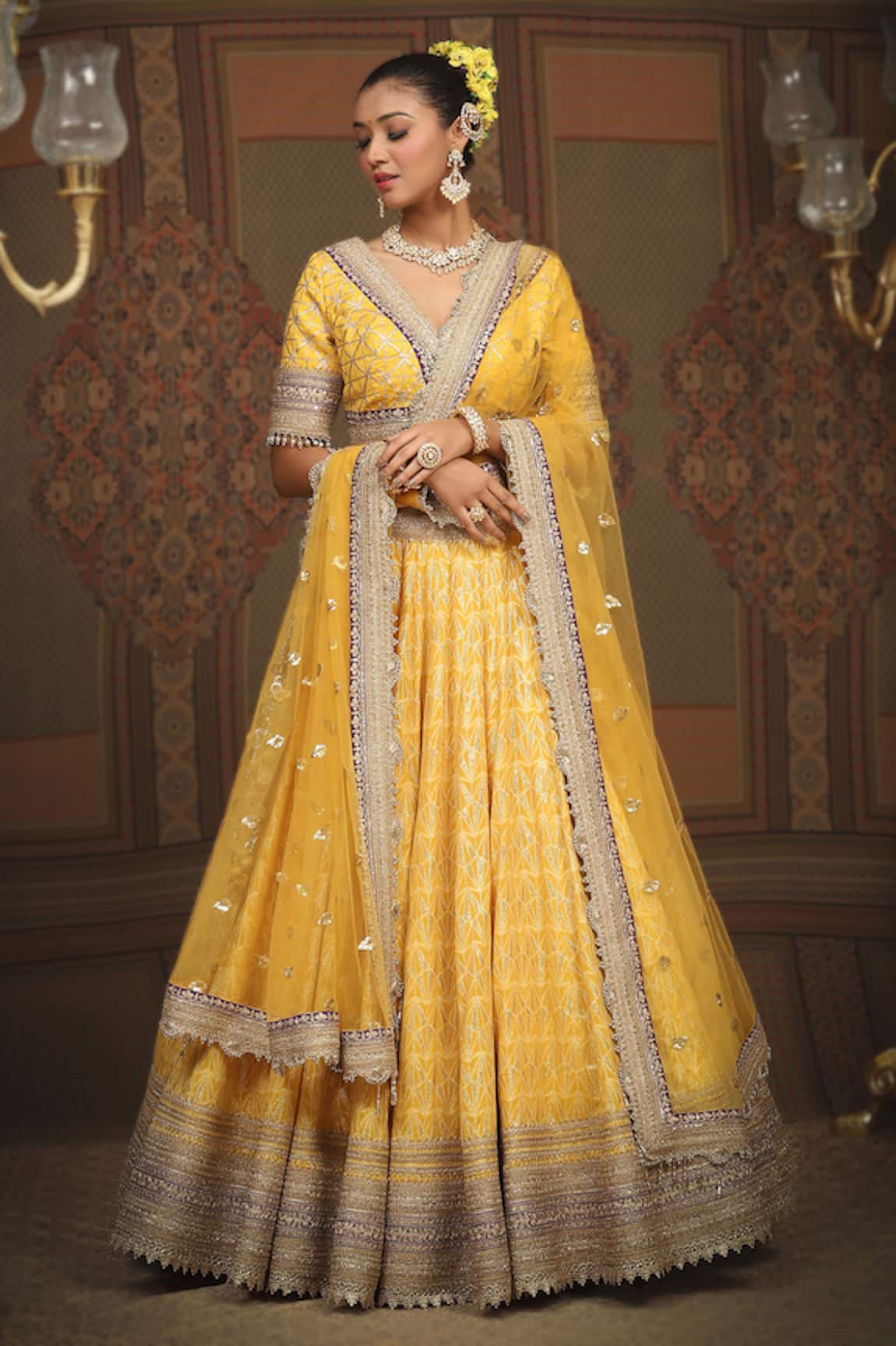 SHIKHAR SHARMA Geometric Pattern Yellow Bridal Lehenga Set 