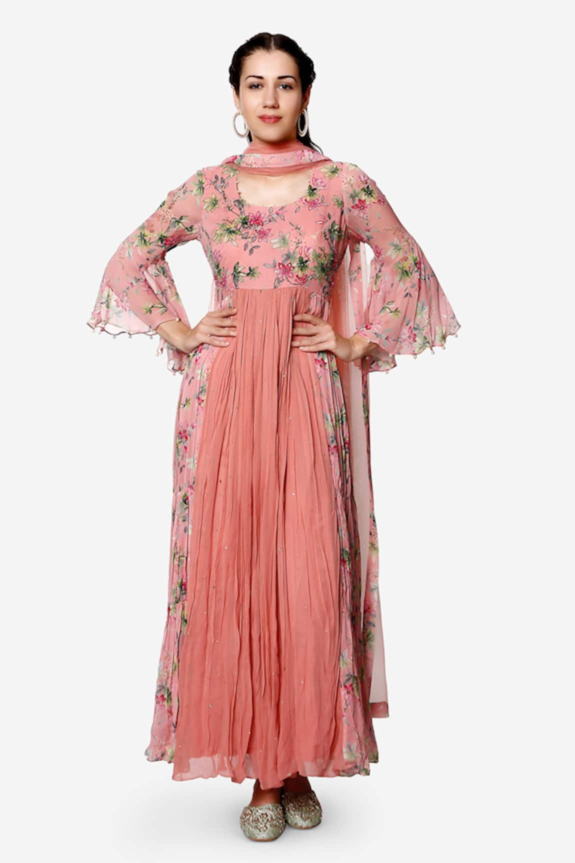 Bha sha Anisha Floral Print Anarkali With Dupatta