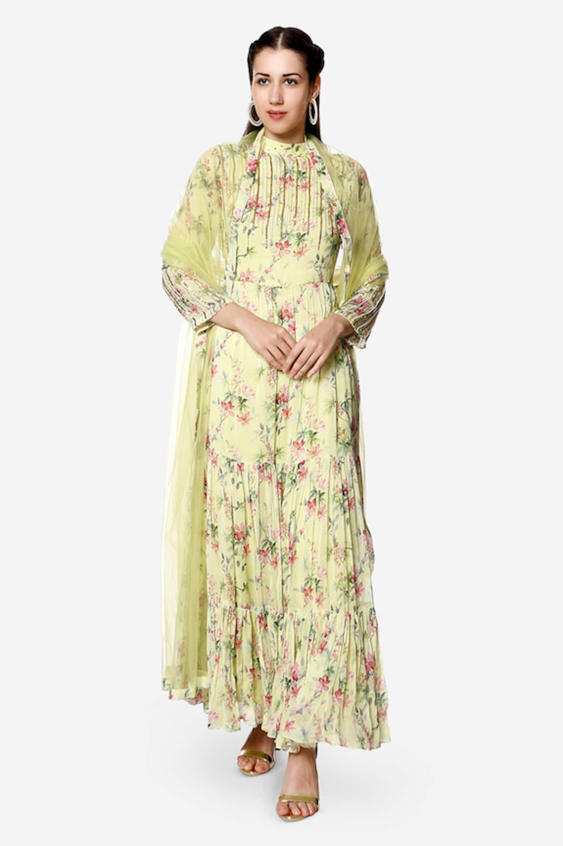 Bha sha Ellora Tiered Floral Print Anarkali With Dupatta