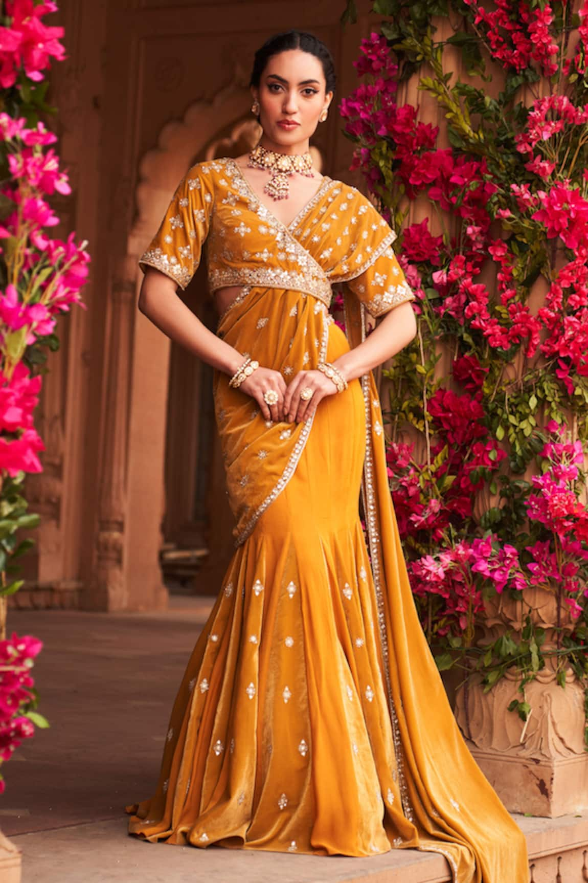 Reeti Arneja Pre-Draped Fish Cut Saree With Embroidered Blouse