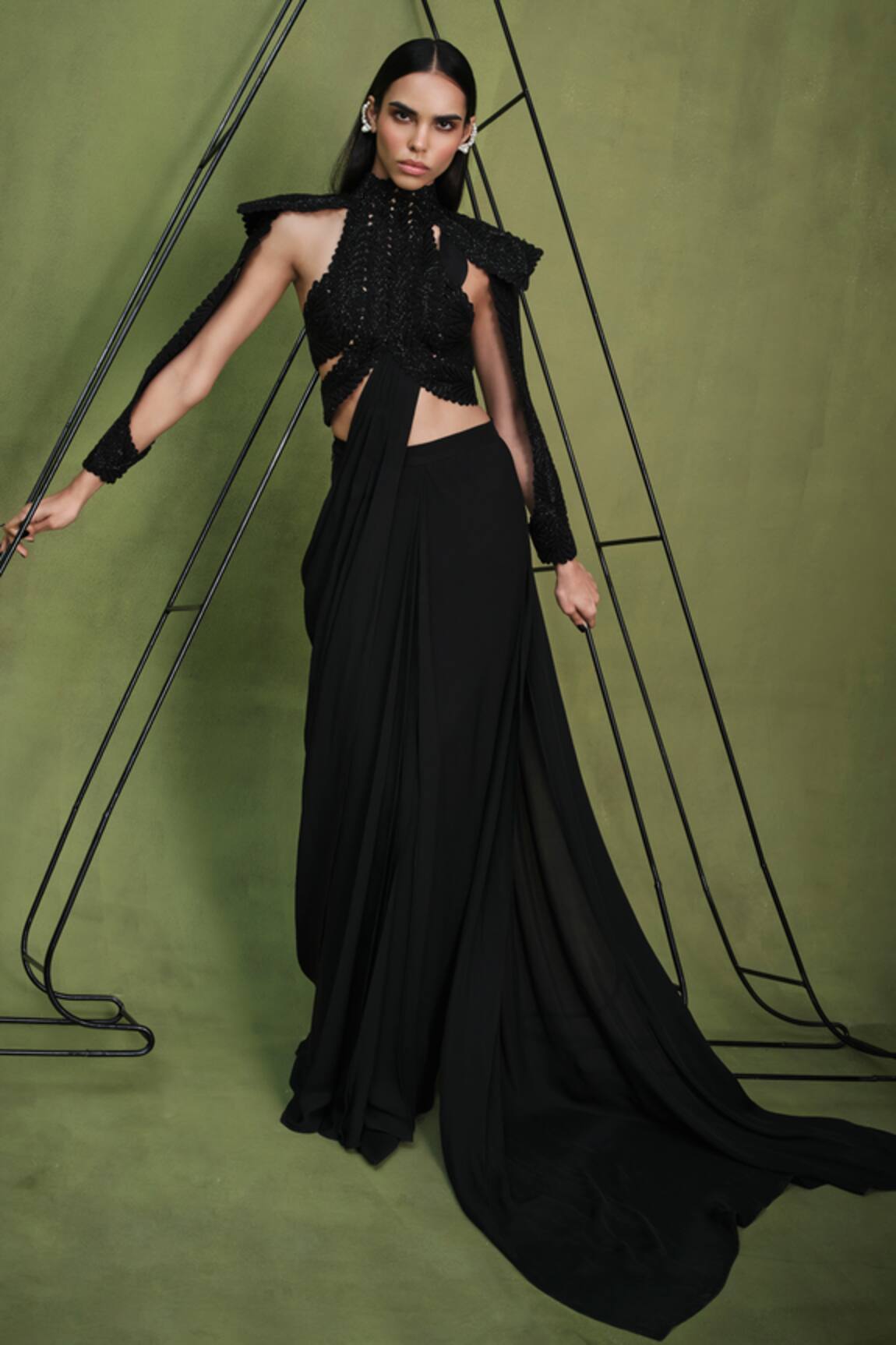 Pankaj & Nidhi Ambrosia Encrusted Halter Harness Top With Plain Pre-Draped Saree 