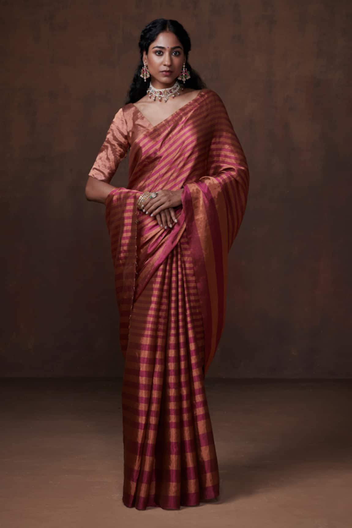 Dressfolk Shikha Zari Striped Handwoven Tissue Saree With Unstitched Blouse Fabric